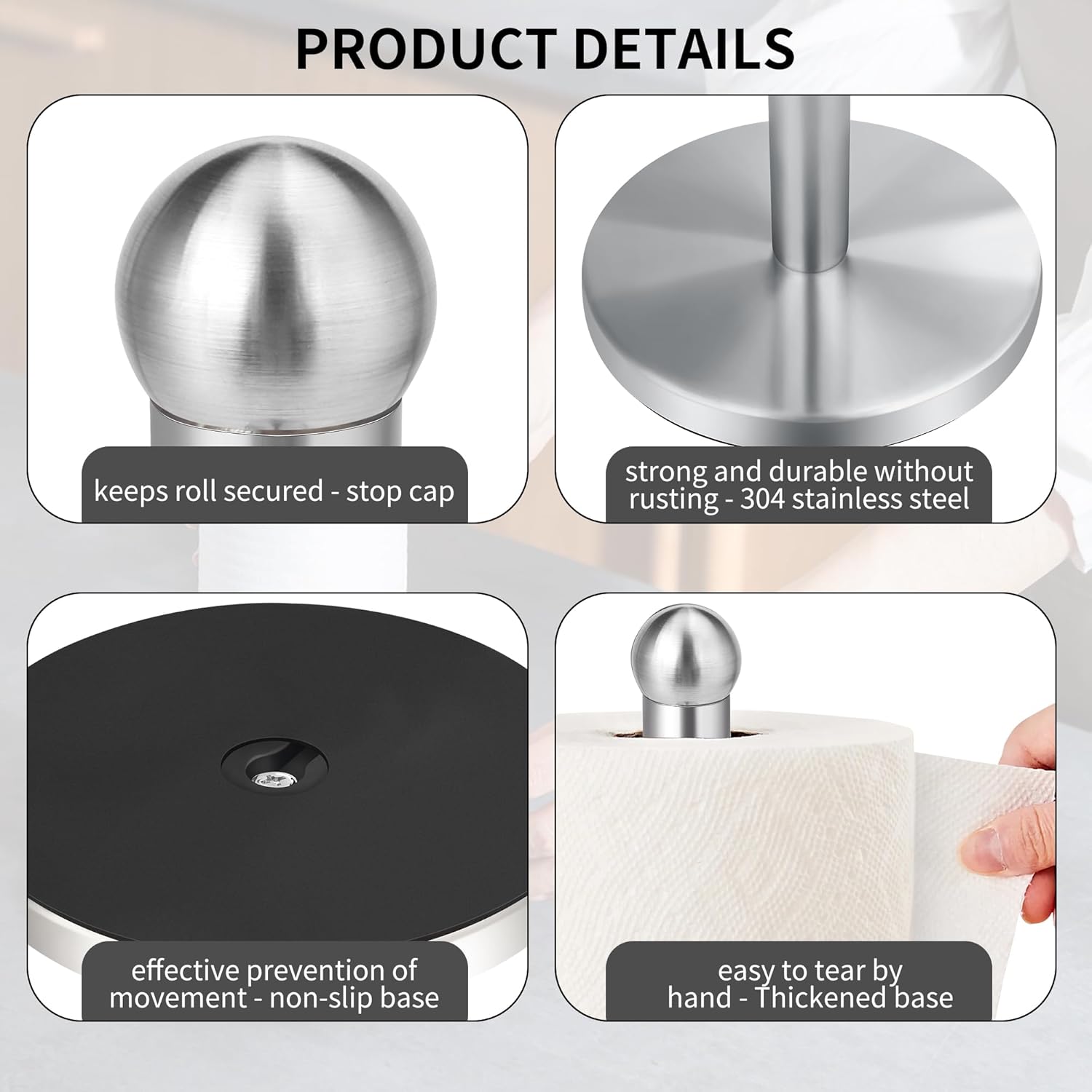 Paper Towel Holder Countertop, Paper Towel Holder with Solid Weighted Base, for Standard and Large Size Rolls (Silver) - Image 4