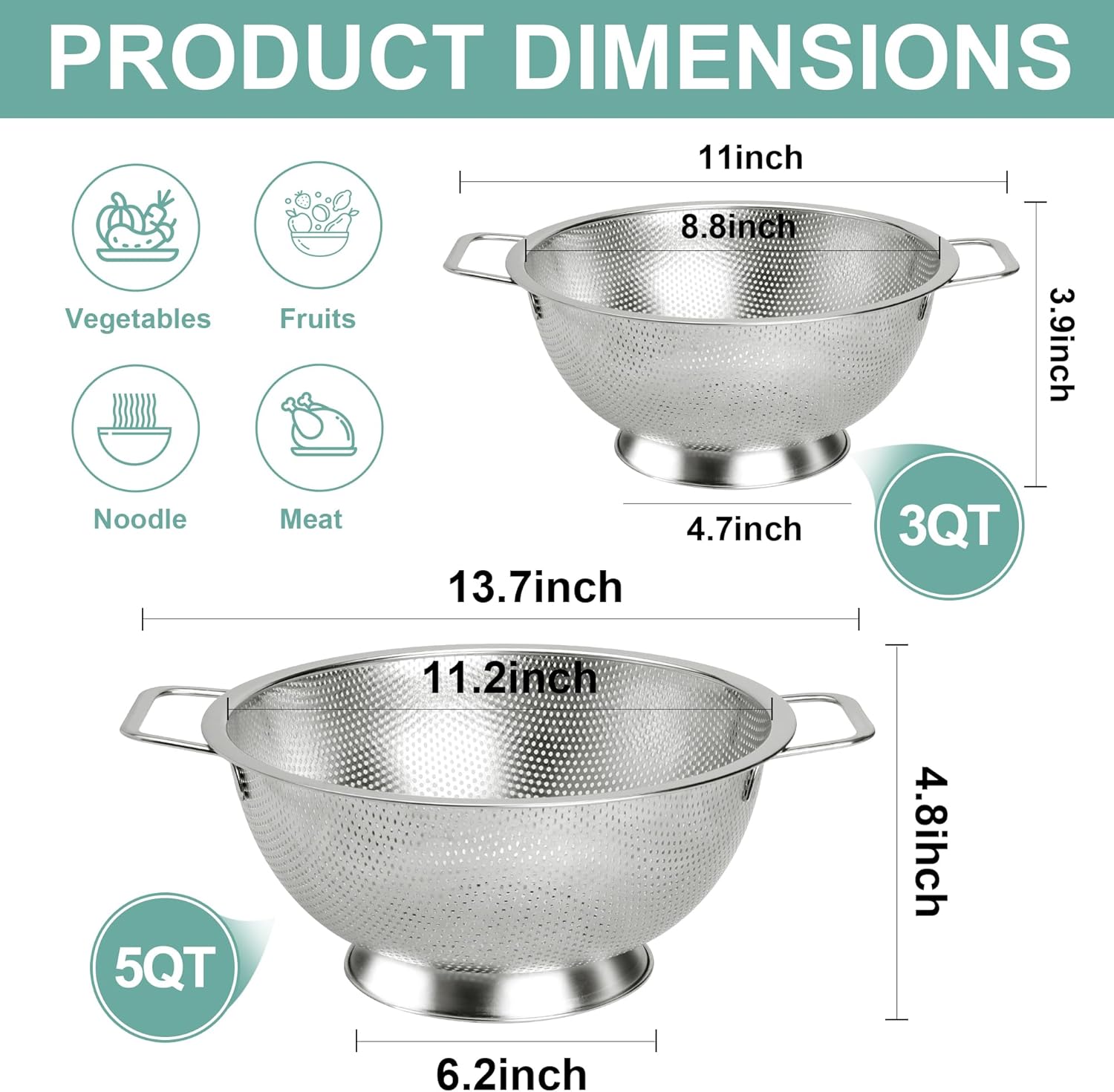 Colander Stainless Steel 3-Quart, Kitchen Strainer for Pasta, Fruits Vegetables, Dishwasher Safe - Image 2