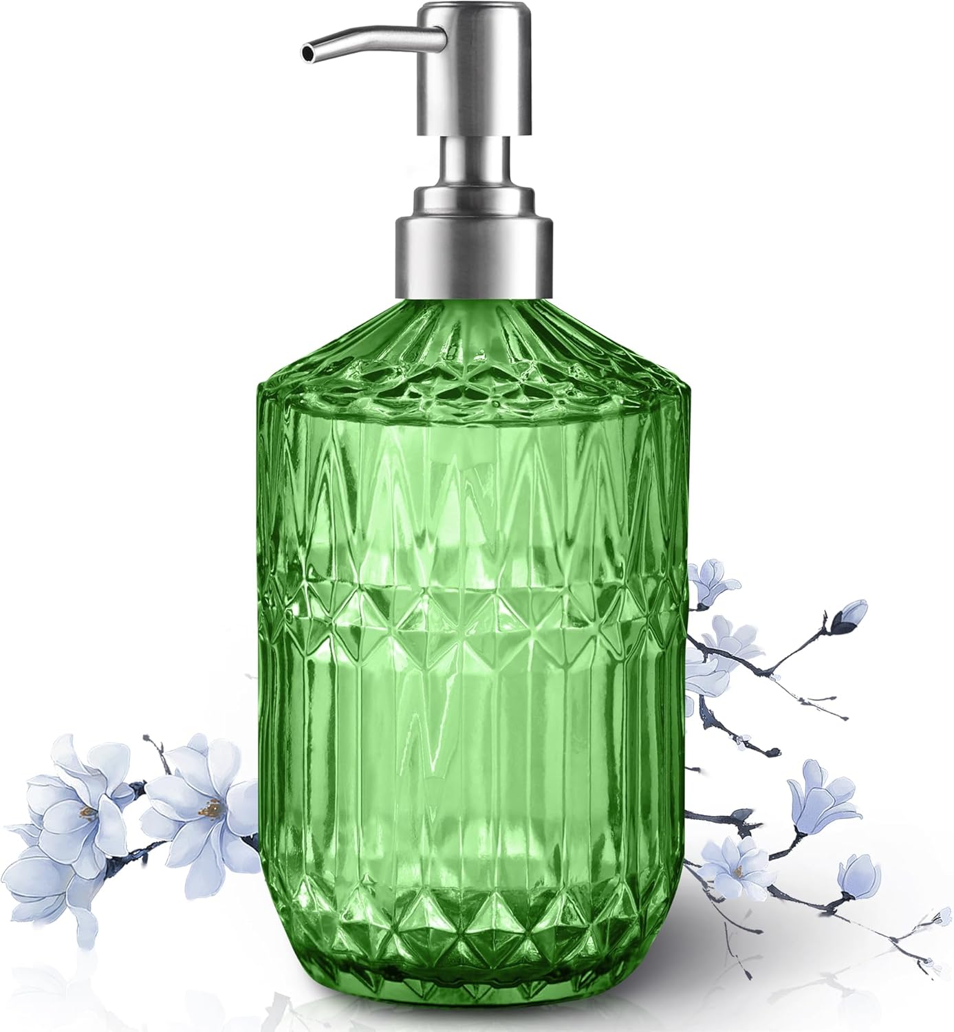 13 Oz Refillable Soap Dispenser, Glass Soap Dispenser for Dispense Hand Soap, Dish Soap, Lotion 2pack (Green) - Image 1