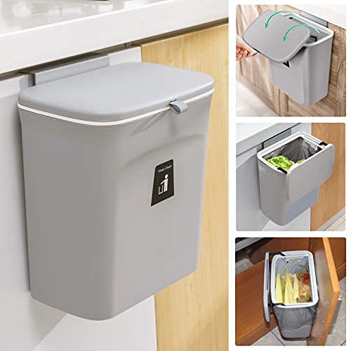 Mujingxin 2.4 Gallon Kitchen Compost Bin for Counter Top or Under Sink, Hanging Small Trash Can with Lid for Cupboard/Bathroom/Bedroom/Office/Camping, Mountable Indoor Compost Bucket, Gray - Image 1