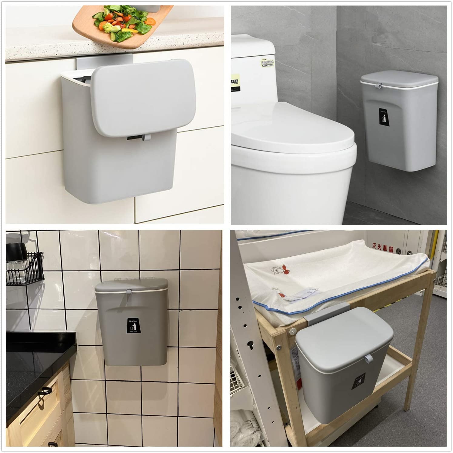 Mujingxin 2.4 Gallon Kitchen Compost Bin for Counter Top or Under Sink, Hanging Small Trash Can with Lid for Cupboard/Bathroom/Bedroom/Office/Camping, Mountable Indoor Compost Bucket, Gray - Image 2