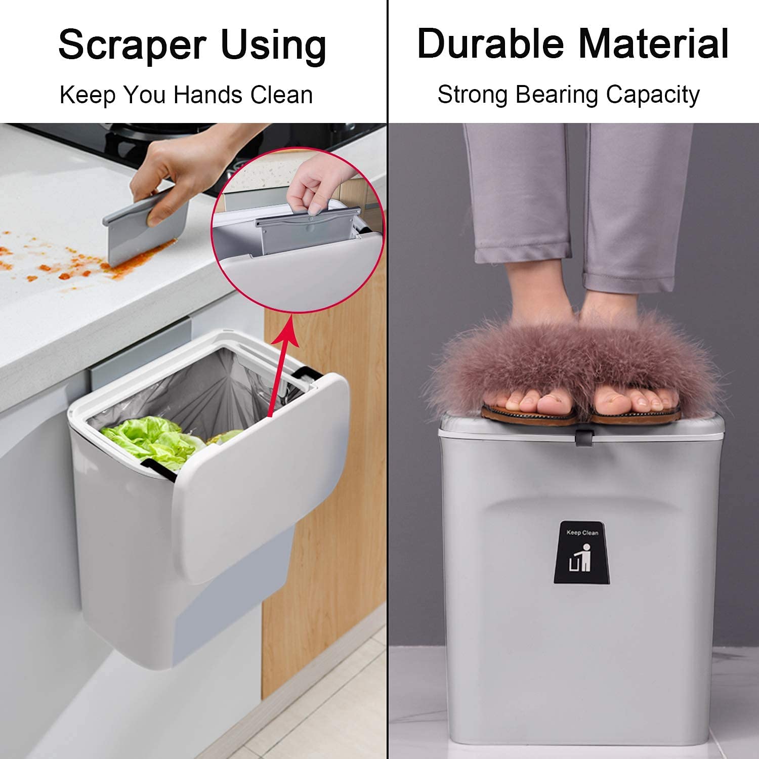 Mujingxin 2.4 Gallon Kitchen Compost Bin for Counter Top or Under Sink, Hanging Small Trash Can with Lid for Cupboard/Bathroom/Bedroom/Office/Camping, Mountable Indoor Compost Bucket, Gray - Image 3