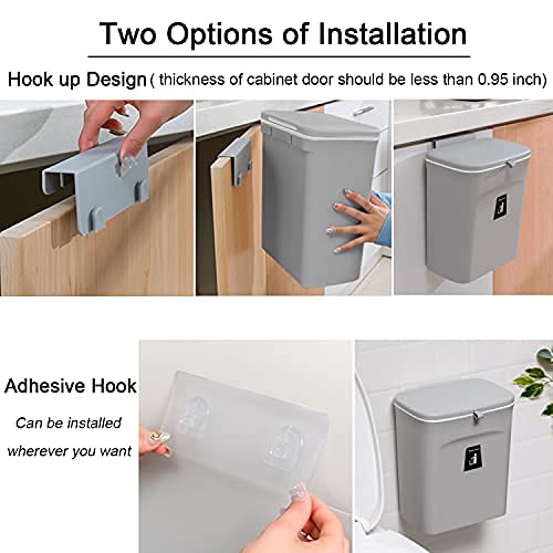 Mujingxin 2.4 Gallon Kitchen Compost Bin for Counter Top or Under Sink, Hanging Small Trash Can with Lid for Cupboard/Bathroom/Bedroom/Office/Camping, Mountable Indoor Compost Bucket, Gray - Image 5
