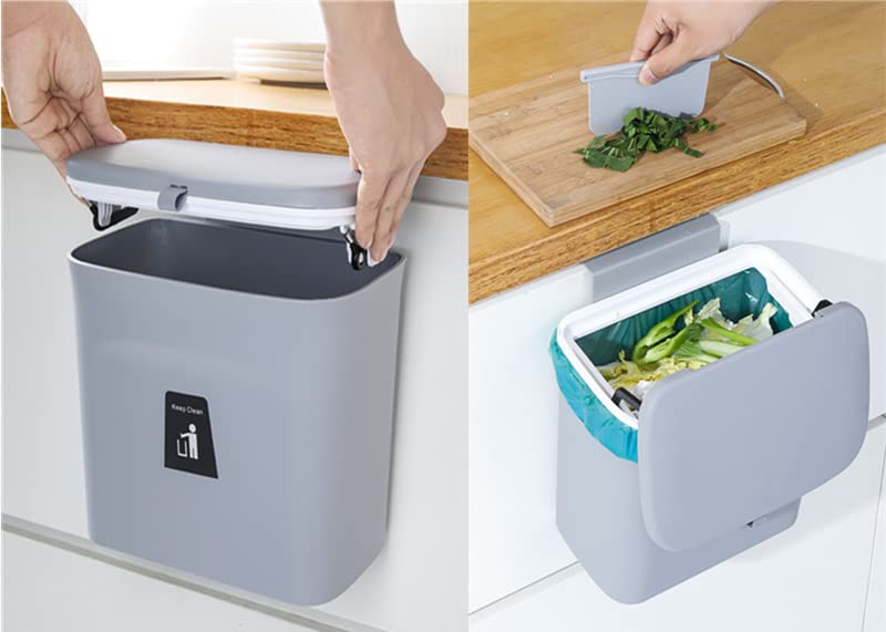 Mujingxin 2.4 Gallon Kitchen Compost Bin for Counter Top or Under Sink, Hanging Small Trash Can with Lid for Cupboard/Bathroom/Bedroom/Office/Camping, Mountable Indoor Compost Bucket, Gray - Image 6