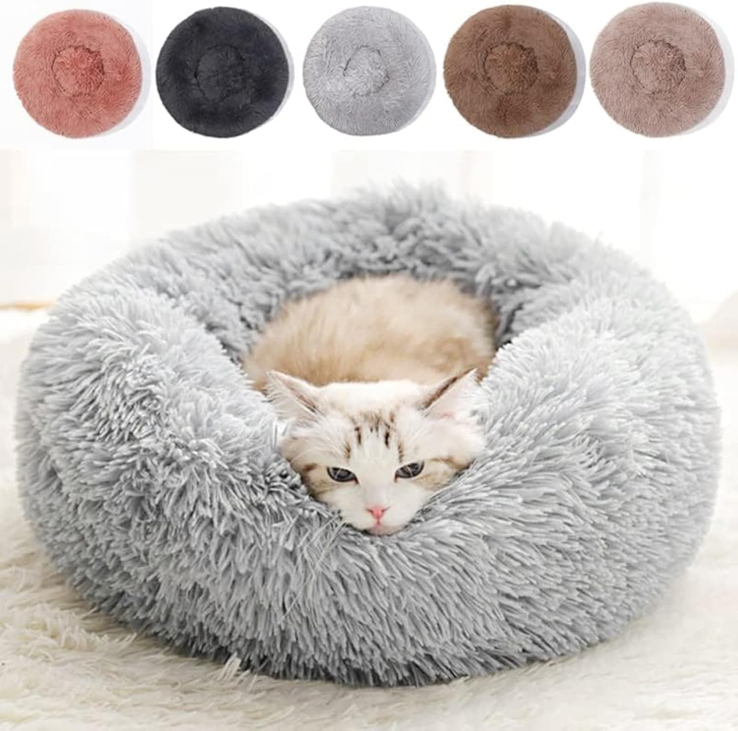 Cat Beds for Indoor Cats - Cat Bed Washable 20 inches, Dog Beds for Small Medium Dogs, Anti Anxiety Round Fluffy Plush Faux Fur Pet Bed, Thick Bottom (Medium, Light Grey) - Image 1