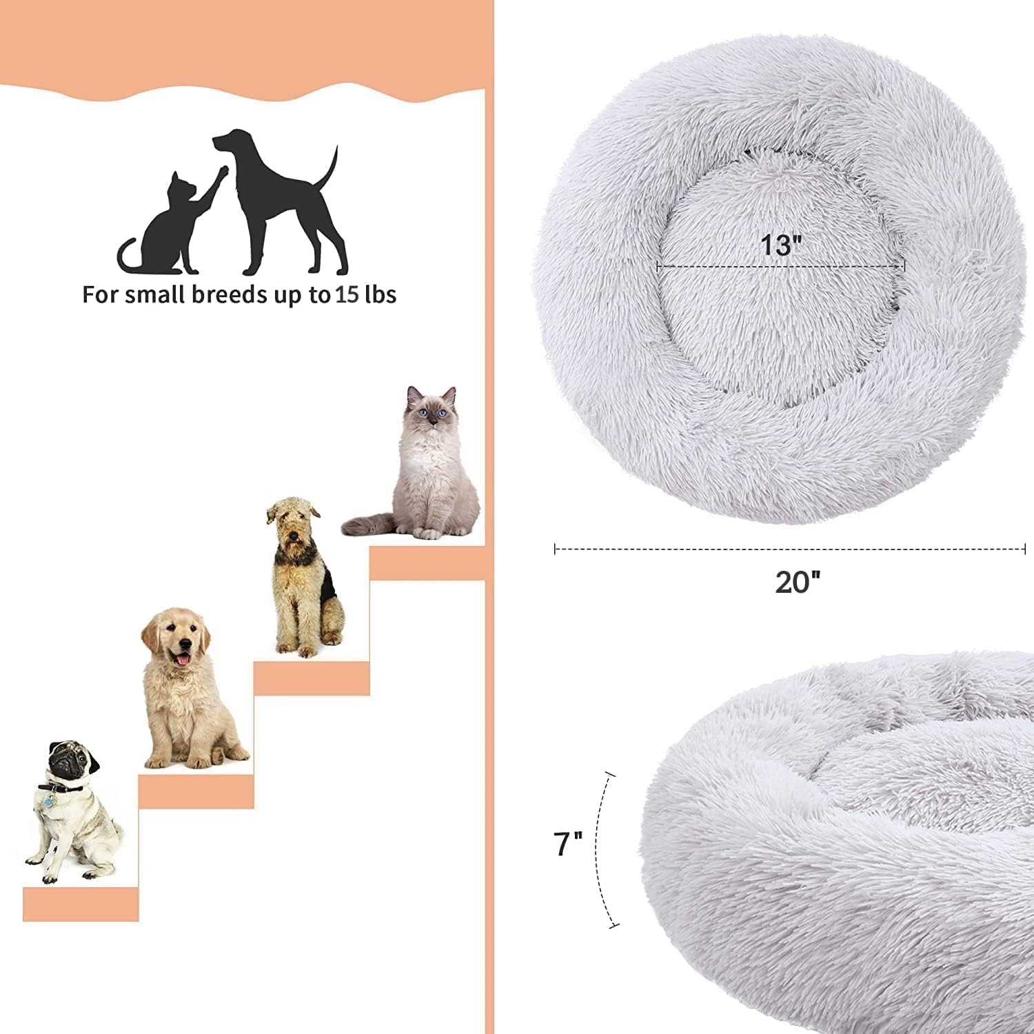 Cat Beds for Indoor Cats - Cat Bed Washable 20 inches, Dog Beds for Small Medium Dogs, Anti Anxiety Round Fluffy Plush Faux Fur Pet Bed, Thick Bottom (Medium, Light Grey) - Image 5