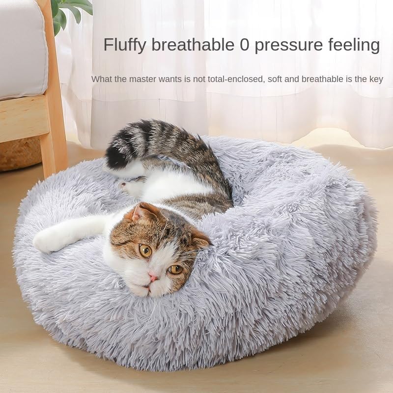 Cat Beds for Indoor Cats - Cat Bed Washable 20 inches, Dog Beds for Small Medium Dogs, Anti Anxiety Round Fluffy Plush Faux Fur Pet Bed, Thick Bottom (Medium, Light Grey) - Image 8