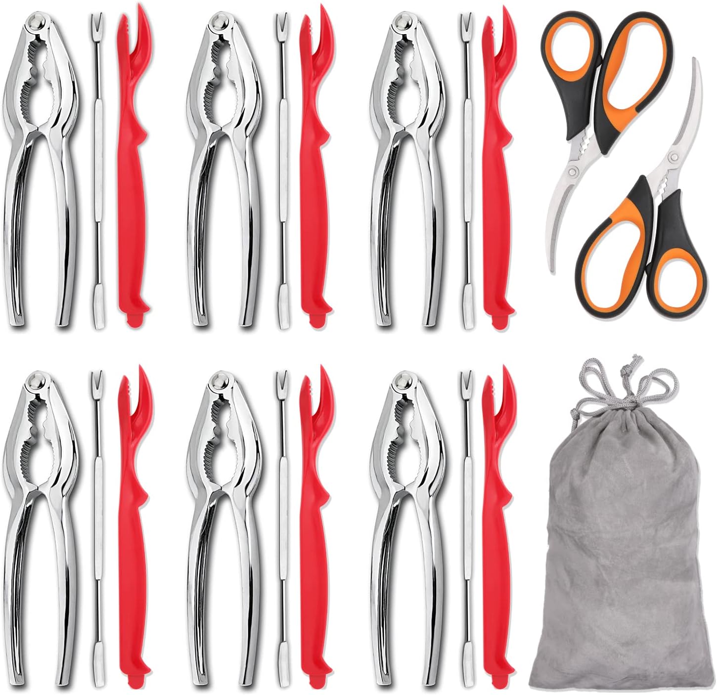 20-piece Seafood Tools Set includes 6 Crab Crackers, 6 Lobster Shellers, 6 Crab Leg Forks/Picks and 2 Seafood Scissors & Storage Bag - Nut Cracker Set - Image 1
