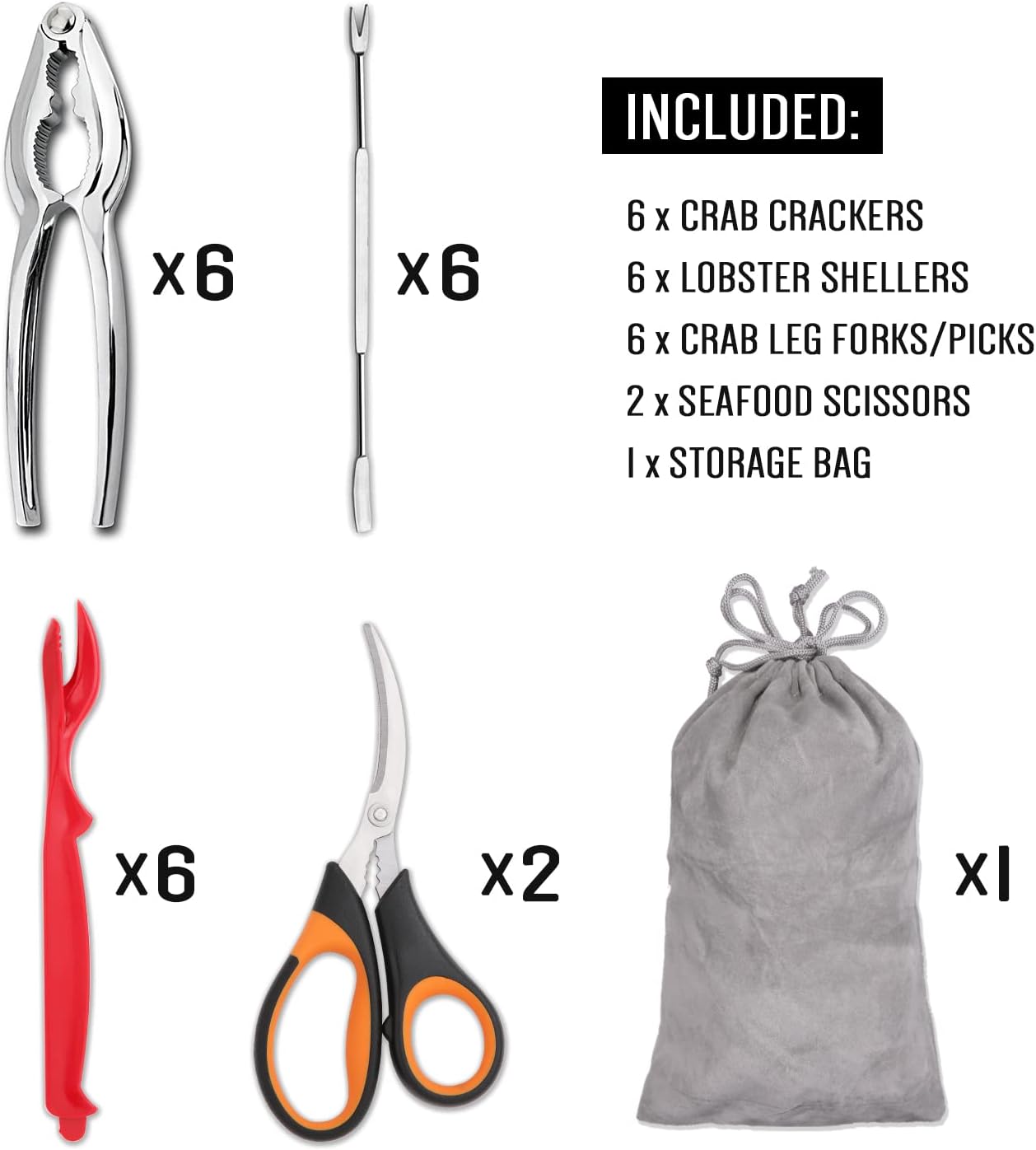 20-piece Seafood Tools Set includes 6 Crab Crackers, 6 Lobster Shellers, 6 Crab Leg Forks/Picks and 2 Seafood Scissors & Storage Bag - Nut Cracker Set - Image 2