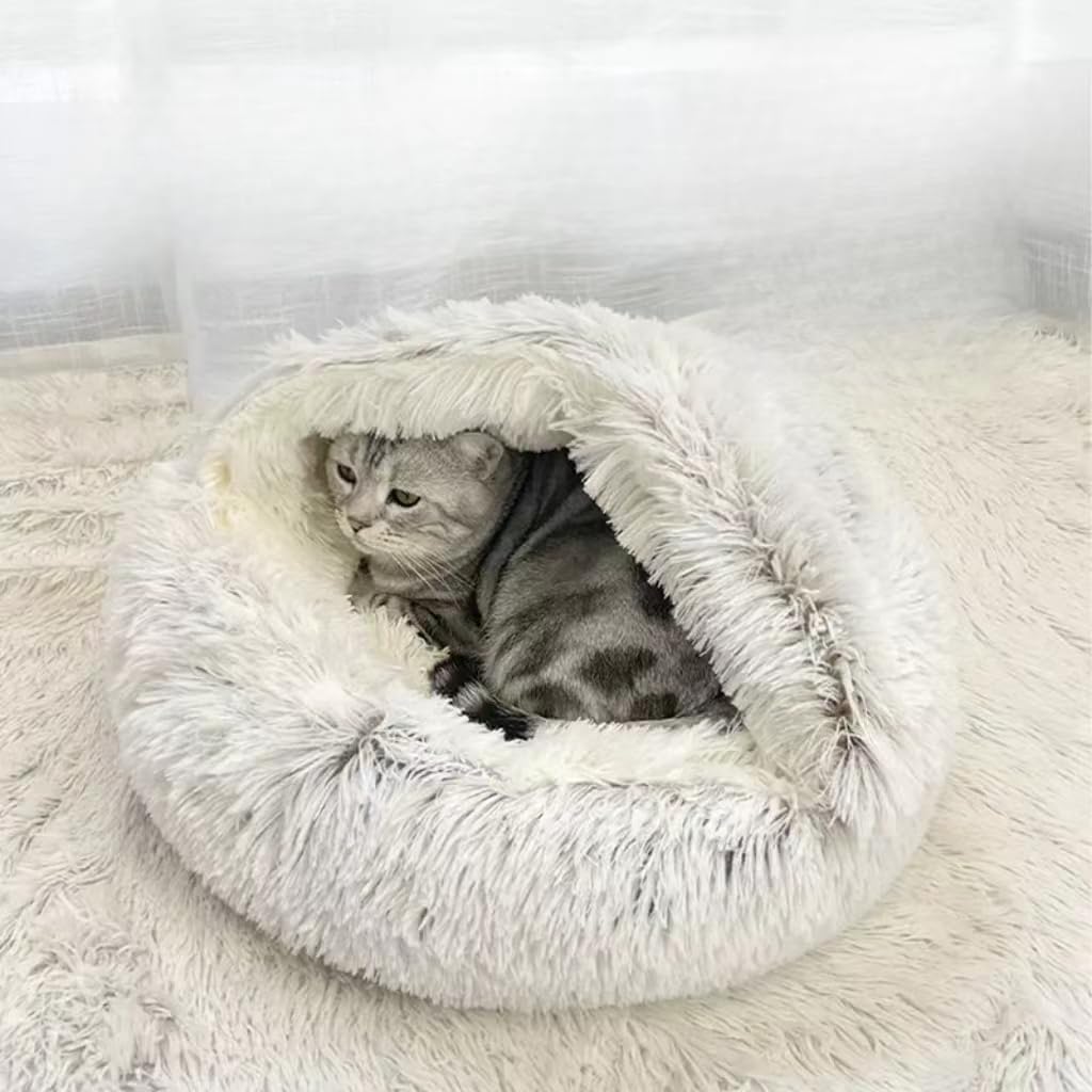 Cat Bed Round Fluffy Hooded Cat Bed Cave, Anti-Anxiety Cave Bed with Hooded Blanket, Cozy Cuddler Luxury Puppy Pet Bed, Anti-Slip Bottom and Machine Washable (Grey, Medium) - Image 1