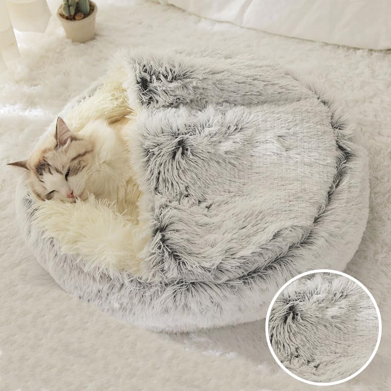 Cat Bed Round Fluffy Hooded Cat Bed Cave, Anti-Anxiety Cave Bed with Hooded Blanket, Cozy Cuddler Luxury Puppy Pet Bed, Anti-Slip Bottom and Machine Washable (Grey, Medium) - Image 7