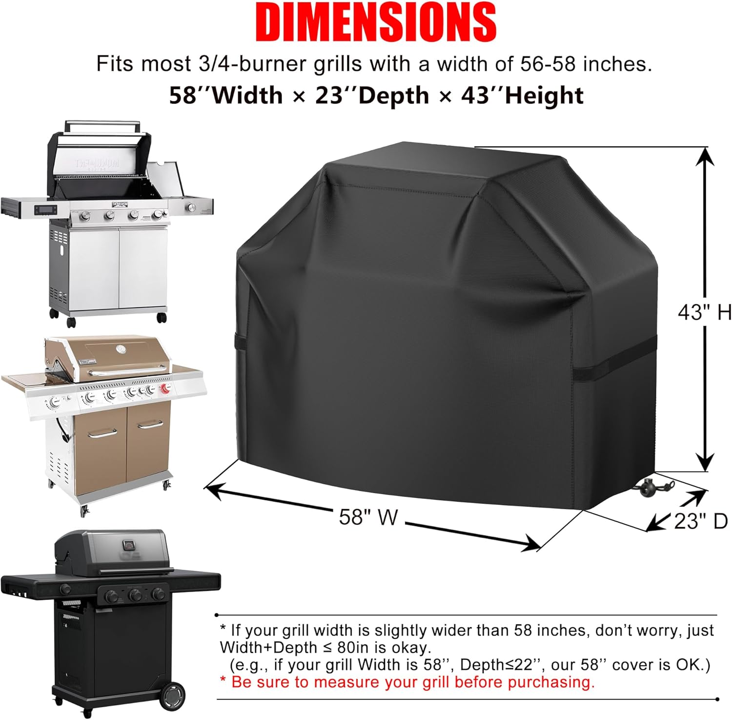 Grill Cover, 58 inch BBQ Gas Grill Cover for Outdoor Grill, Waterproof, Anti-UV, Rip-Proof, Fade Resistant Material, Barbecue Cover with Hook-and-Loop Straps & Adjustable Hem Drawstring, Black - Image 2