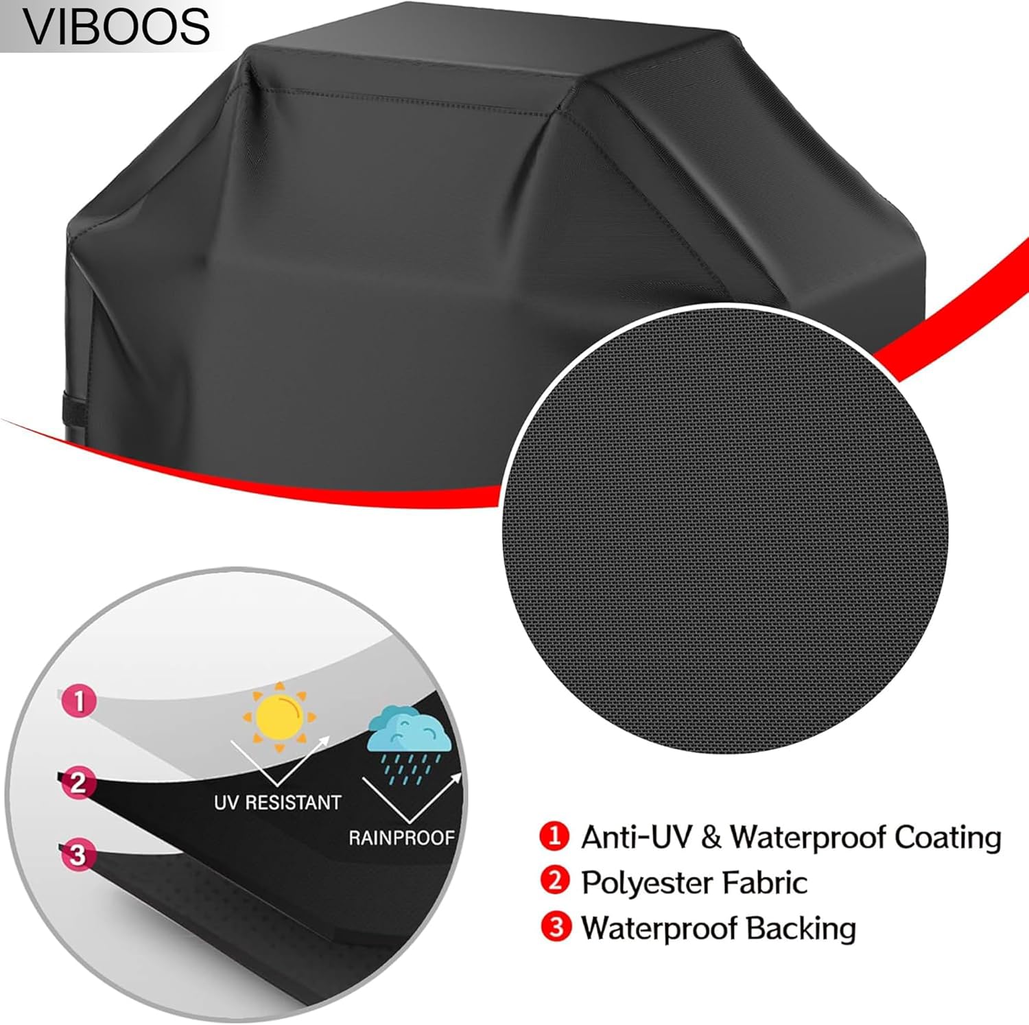 Grill Cover, 58 inch BBQ Gas Grill Cover for Outdoor Grill, Waterproof, Anti-UV, Rip-Proof, Fade Resistant Material, Barbecue Cover with Hook-and-Loop Straps & Adjustable Hem Drawstring, Black - Image 3