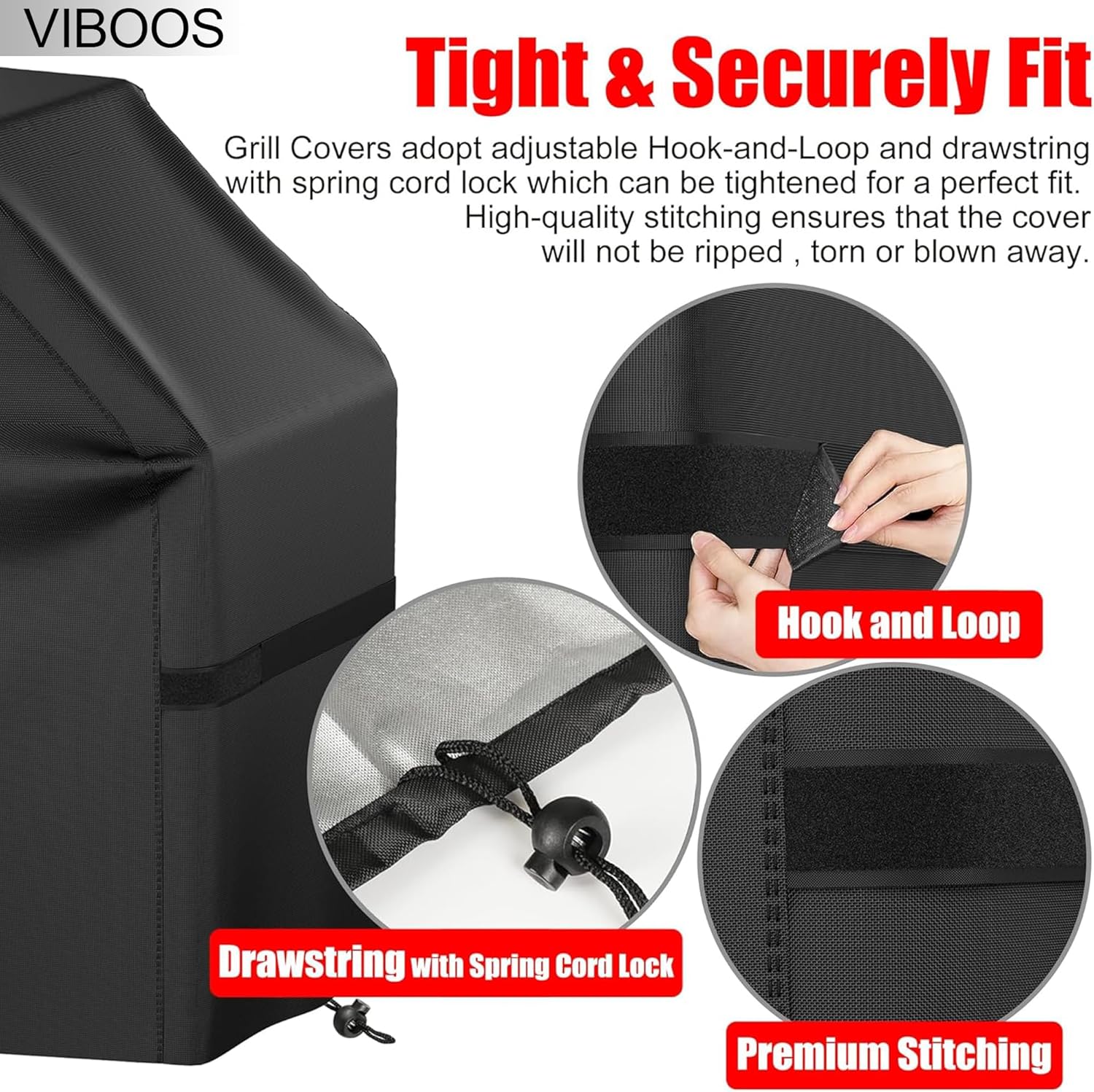 Grill Cover, 58 inch BBQ Gas Grill Cover for Outdoor Grill, Waterproof, Anti-UV, Rip-Proof, Fade Resistant Material, Barbecue Cover with Hook-and-Loop Straps & Adjustable Hem Drawstring, Black - Image 4