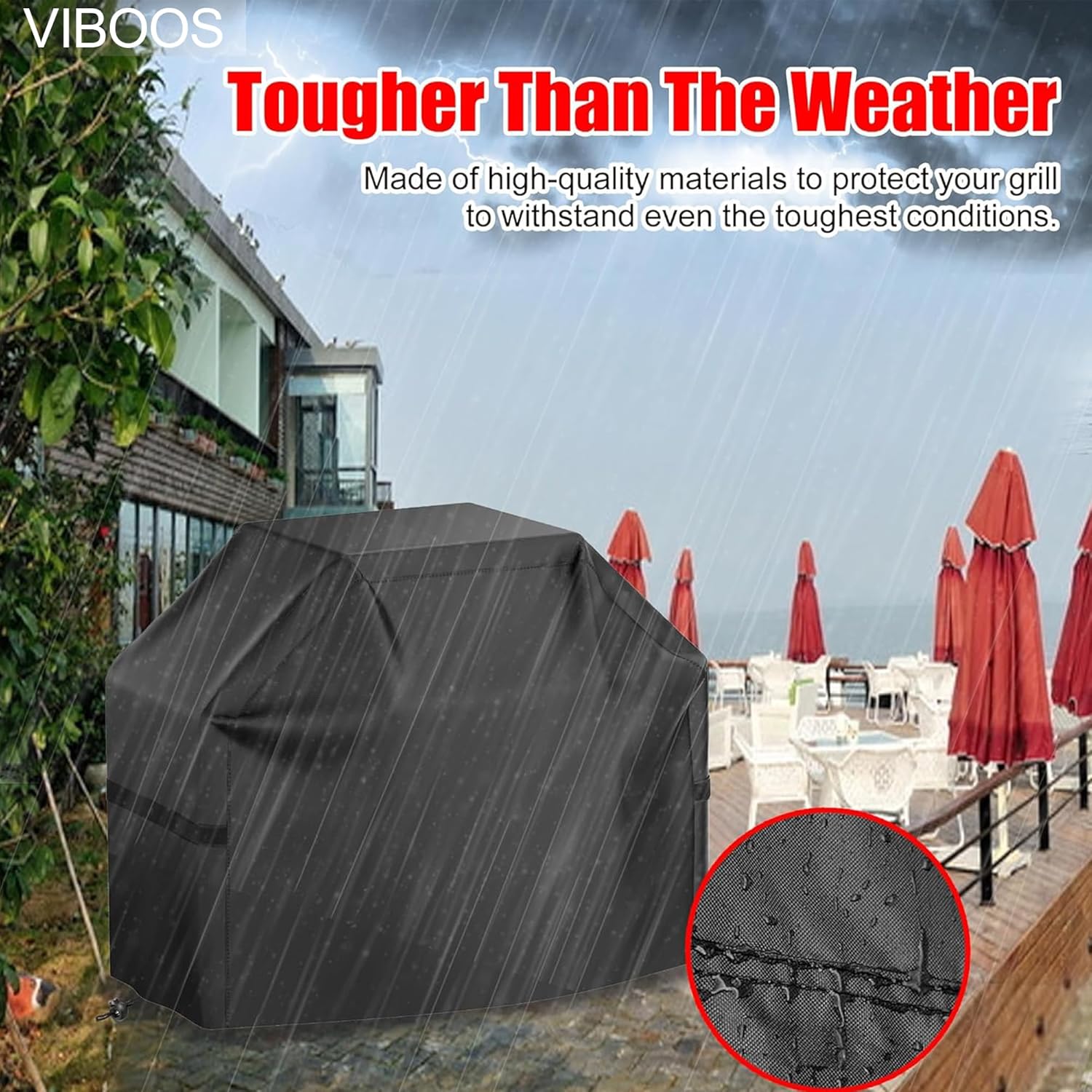 Grill Cover, 58 inch BBQ Gas Grill Cover for Outdoor Grill, Waterproof, Anti-UV, Rip-Proof, Fade Resistant Material, Barbecue Cover with Hook-and-Loop Straps & Adjustable Hem Drawstring, Black - Image 5
