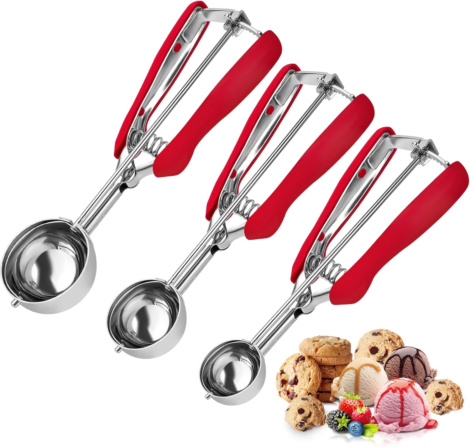 Cookie Scoop,Ice Cream Scoop,3PCS Stainless Steel 1/2 /3 Tablespoon Cookie Scoop,Red Rubber Grips Design,Durable and Effortless,for Ice Cream,Melon Baller and Baking(20#L/ 40#M/ 60#S). - Image 1
