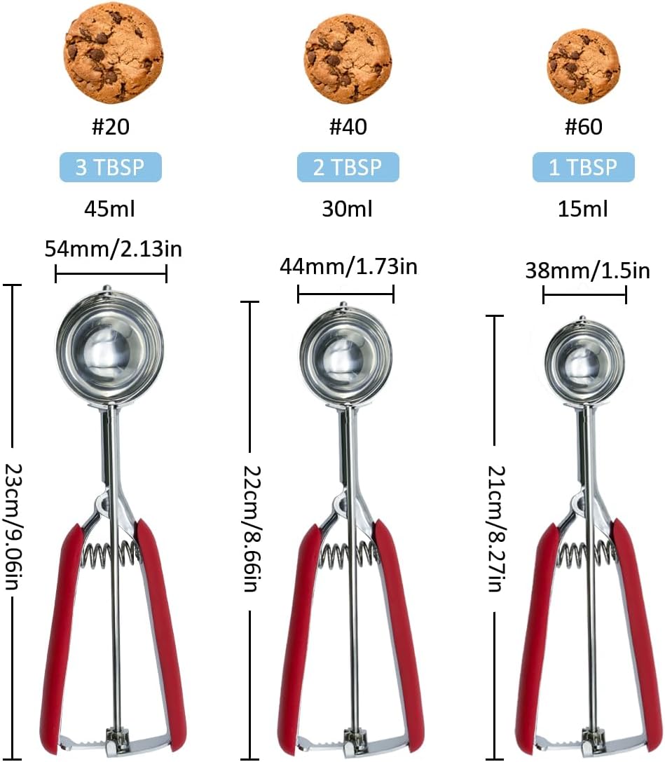 Cookie Scoop,Ice Cream Scoop,3PCS Stainless Steel 1/2 /3 Tablespoon Cookie Scoop,Red Rubber Grips Design,Durable and Effortless,for Ice Cream,Melon Baller and Baking(20#L/ 40#M/ 60#S). - Image 2