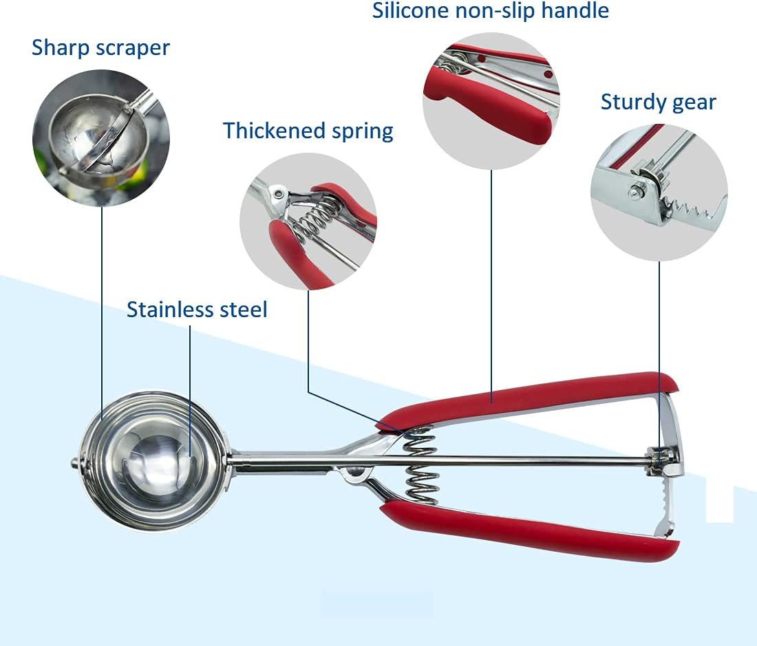 Cookie Scoop,Ice Cream Scoop,3PCS Stainless Steel 1/2 /3 Tablespoon Cookie Scoop,Red Rubber Grips Design,Durable and Effortless,for Ice Cream,Melon Baller and Baking(20#L/ 40#M/ 60#S). - Image 3