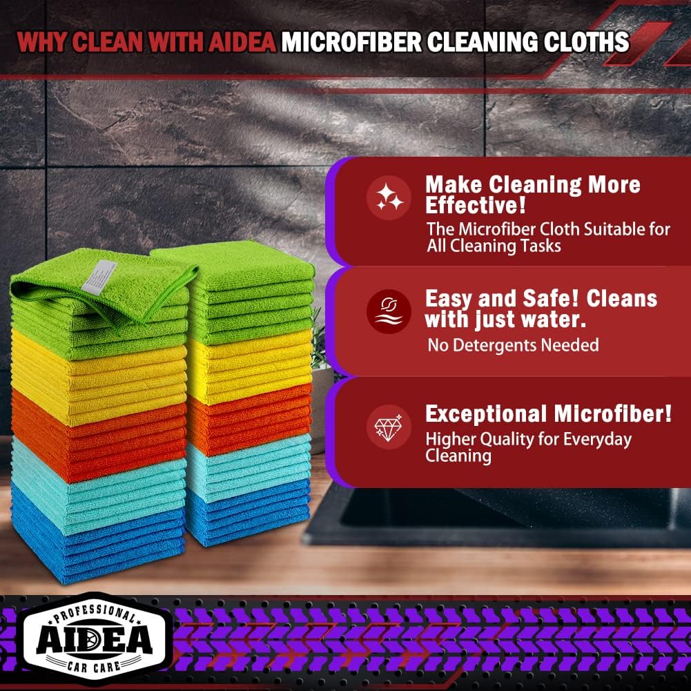 Microfiber Cleaning Cloths-50PK, Microfiber Towels for Cars, Premium All-Purpose Car Cloth, Dusting Cleaning Rags, Absorbent Towels for SUVs, House, Kitchen, Window, Gift-12×12