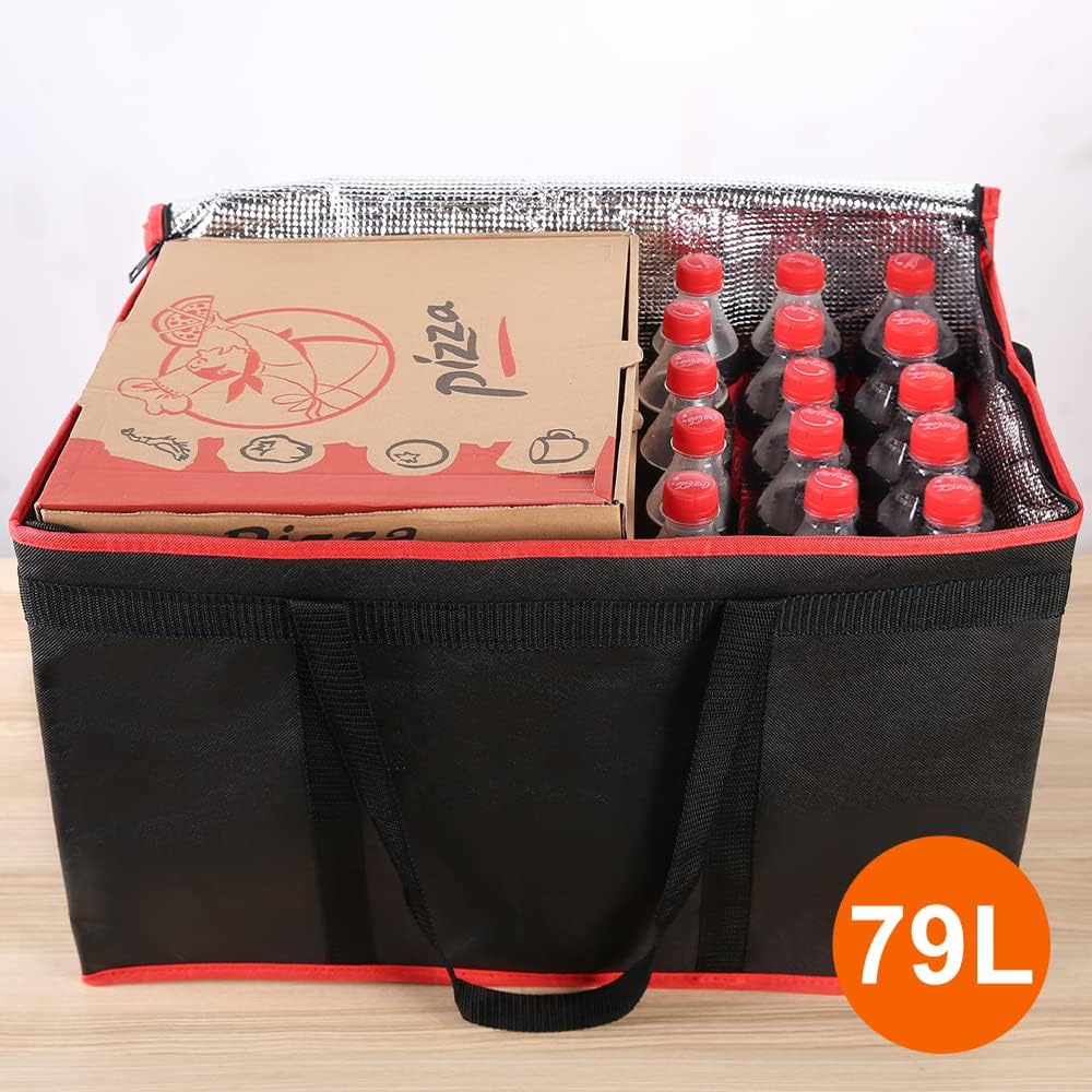 Insulated Food Delivery Bag - Hot & Cold Meal Carrier, Catering/Doordash Pizza Warmer, Grocery Tote, Cooler Bag for Parties (Black-Red, 1Pk), Ideal for Food Warming Transport - Image 3