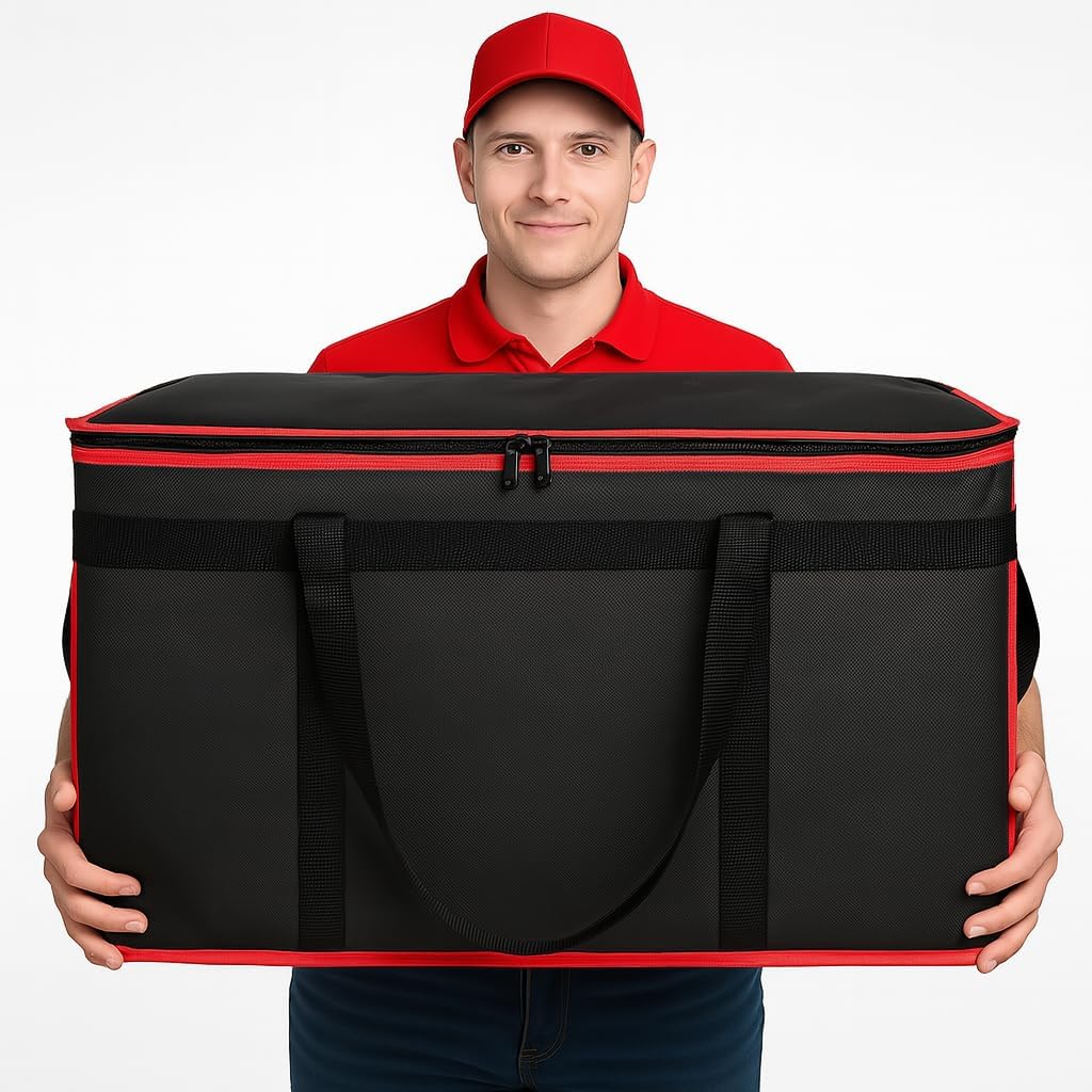 Insulated Food Delivery Bag - Hot & Cold Meal Carrier, Catering/Doordash Pizza Warmer, Grocery Tote, Cooler Bag for Parties (Black-Red, 1Pk), Ideal for Food Warming Transport - Image 4