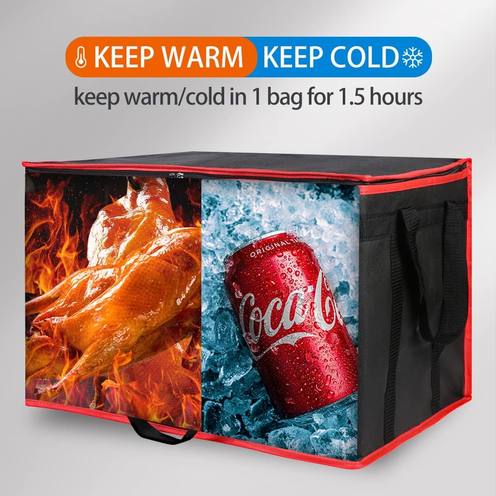 Insulated Food Delivery Bag - Hot & Cold Meal Carrier, Catering/Doordash Pizza Warmer, Grocery Tote, Cooler Bag for Parties (Black-Red, 1Pk), Ideal for Food Warming Transport - Image 5