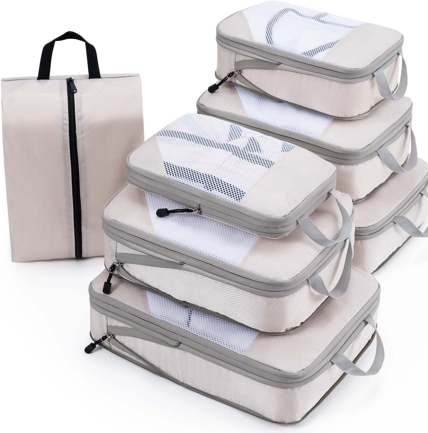 Compression Packing Cubes Travel Organizer 7 Set, Ripstop Mesh Travel Organizers for Luggage Multi-Functional Ultralight Expandable Packing Cubes for Carry-on Luggage, Travel, Backpack - Image 1