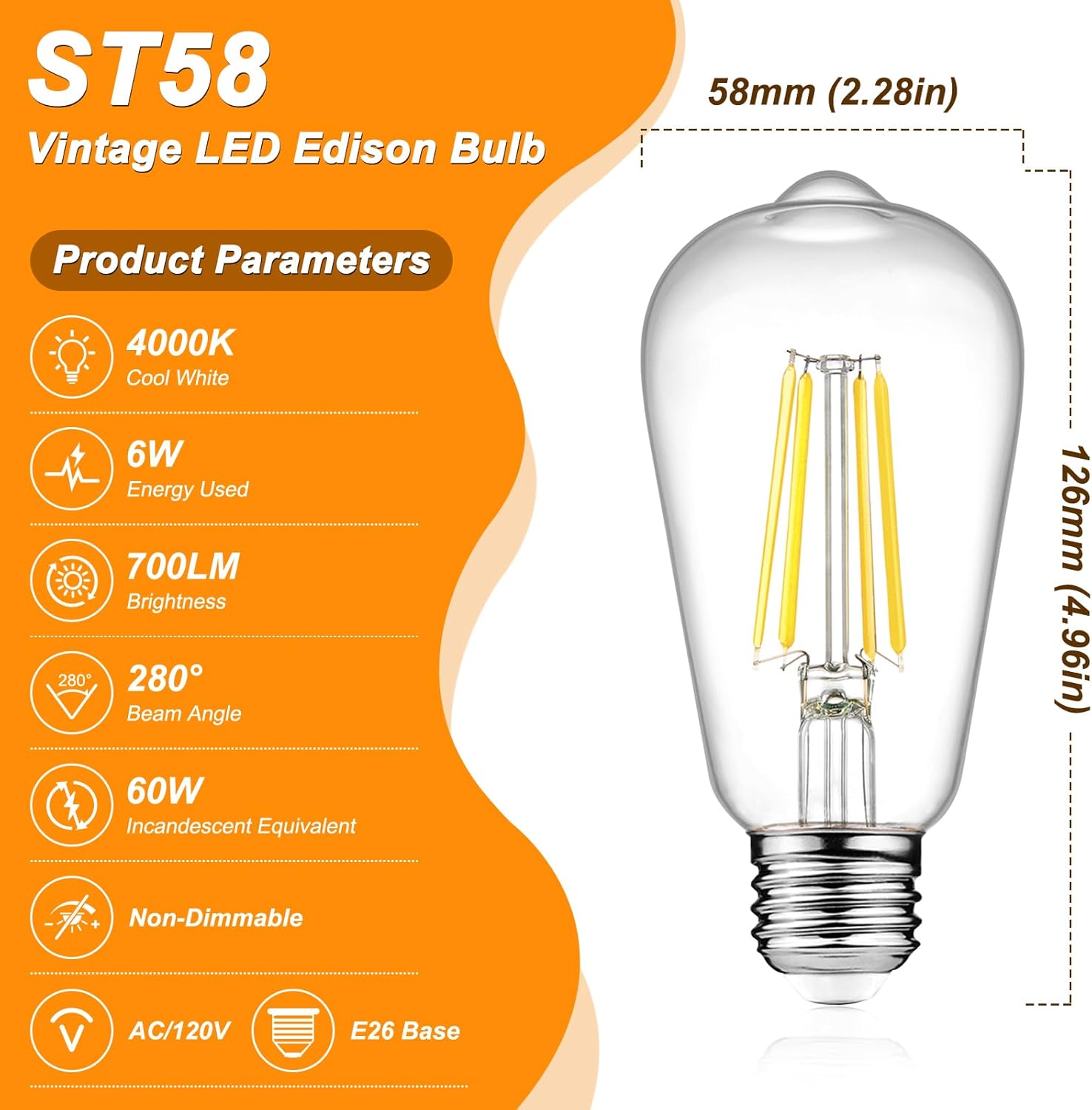 Vintage LED Edison Bulbs, 6W, Non-Dimmable, Equivalent 60W, High Brightness Cool White 4000K, ST58 Antique LED Filament Bulbs with 80+ CRI, E26 Medium Base, Clear Glass, 6 Packs - Image 2