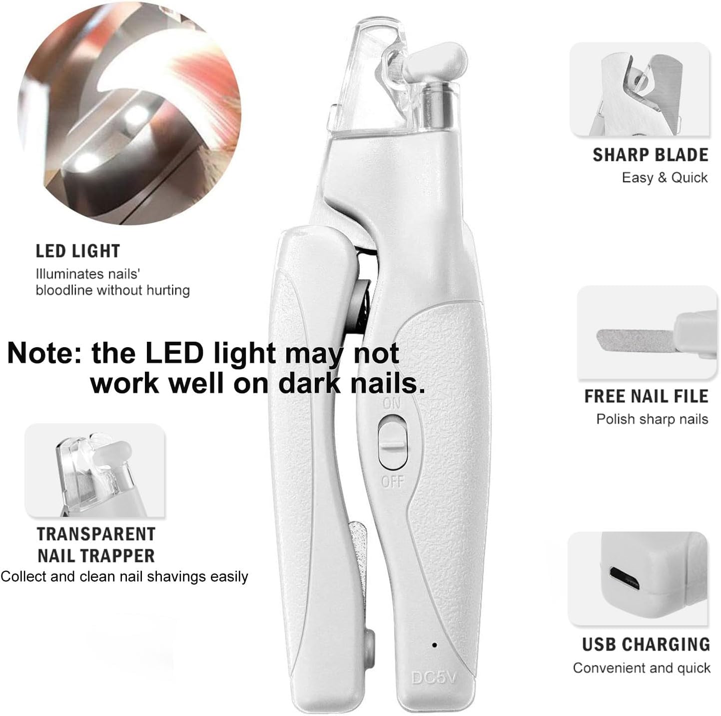 Pet Nail Clipper with LED Light for Dogs & Cats, Rechargeable Nails & Claws Trimmer, Professional Grooming Tool with Nail Trapper & Free Nail File, Quick-Sensor Razor Sharp Blades, White - Image 3