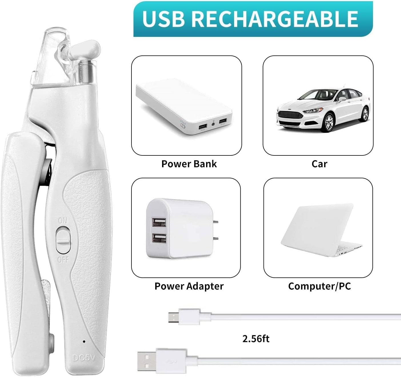 Pet Nail Clipper with LED Light for Dogs & Cats, Rechargeable Nails & Claws Trimmer, Professional Grooming Tool with Nail Trapper & Free Nail File, Quick-Sensor Razor Sharp Blades, White - Image 6