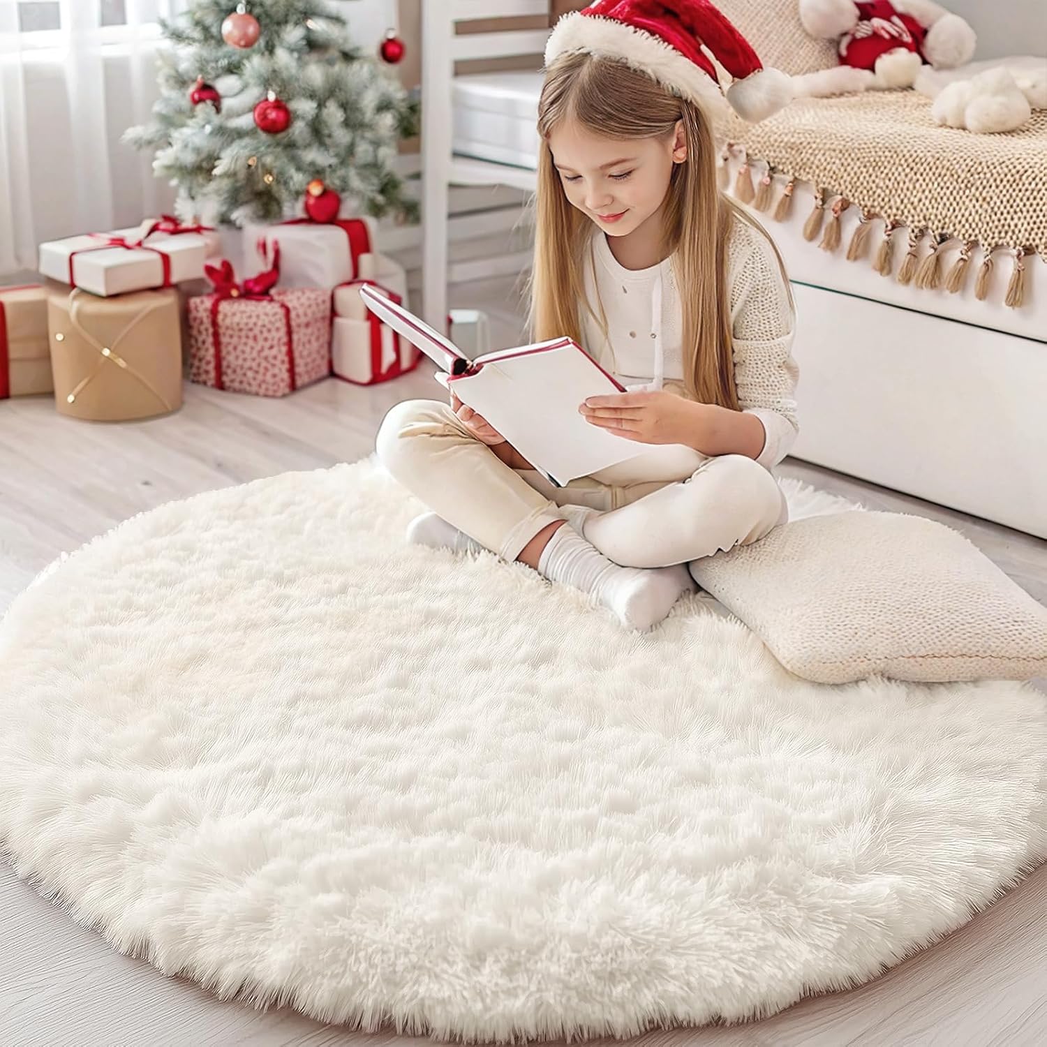 Cream White Round Rugs for Bedroom, 4 Ft Machine Washable Circle Area Rugs for Living Room, Non-Slip Fluffy Carpet for Teen Girls and Boys, Dorms, Nursery Rooms, Home Decor Aesthetic - Image 1