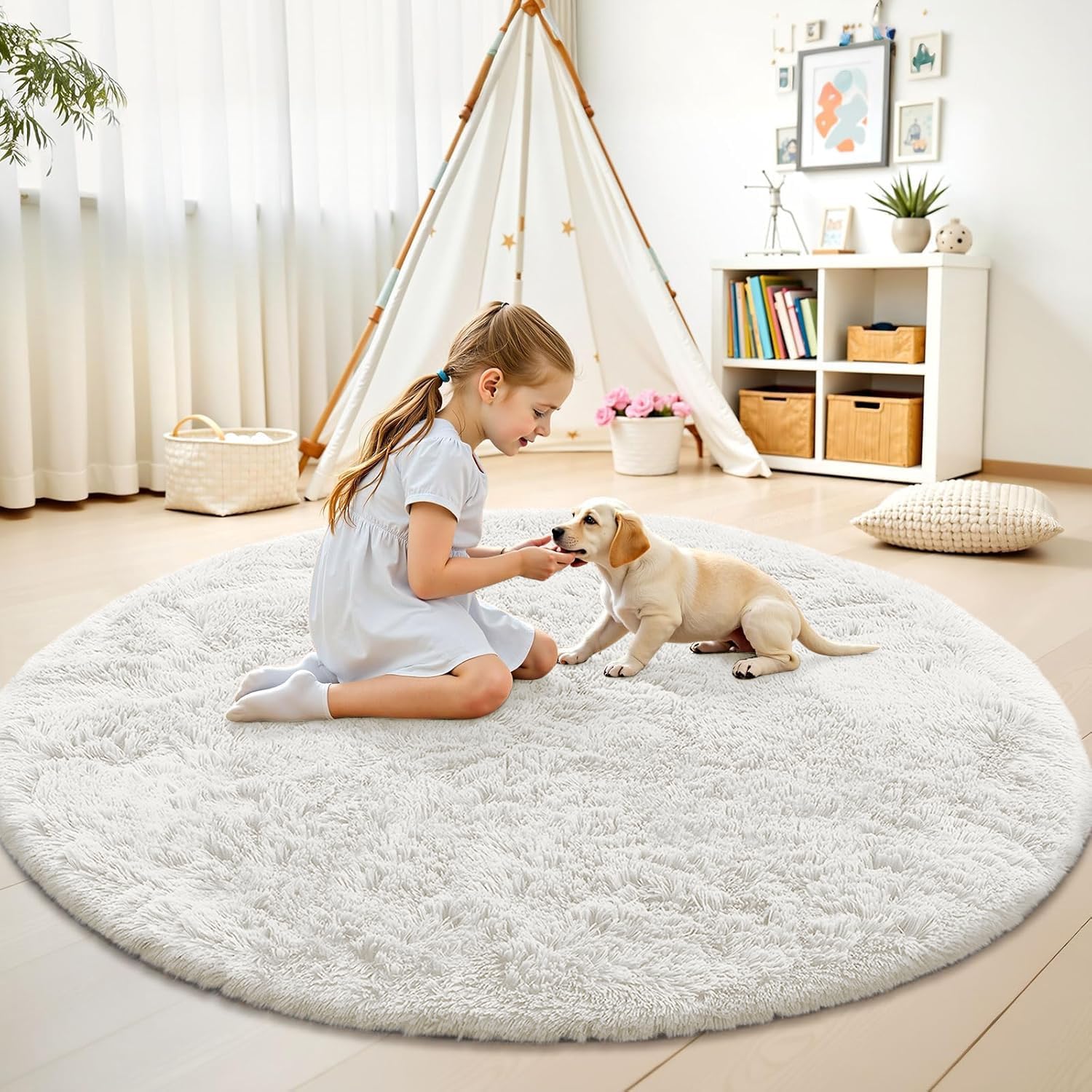 Cream White Round Rugs for Bedroom, 4 Ft Machine Washable Circle Area Rugs for Living Room, Non-Slip Fluffy Carpet for Teen Girls and Boys, Dorms, Nursery Rooms, Home Decor Aesthetic - Image 3