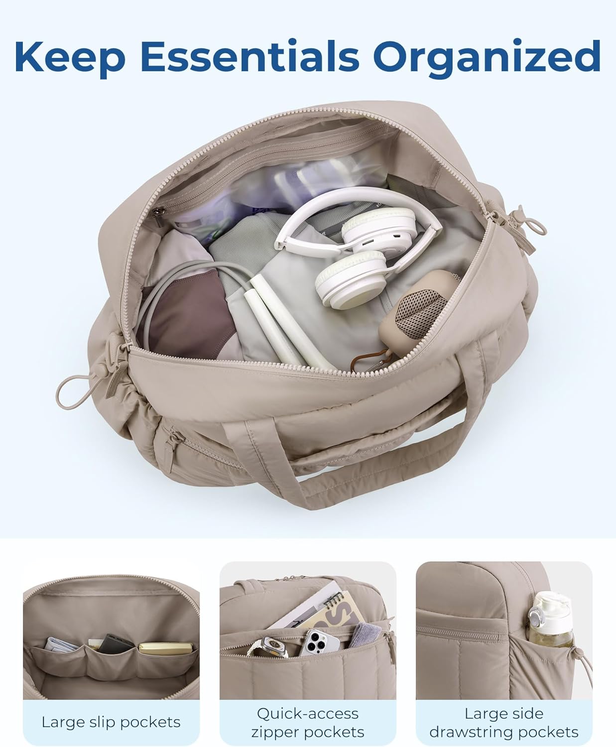 Gym Bag for Woman, 24L Carry on Travel Duffle Bag with Wet Pocket, Water Resistant Weekender Bags for Sports, Trips, Camel - Image 3