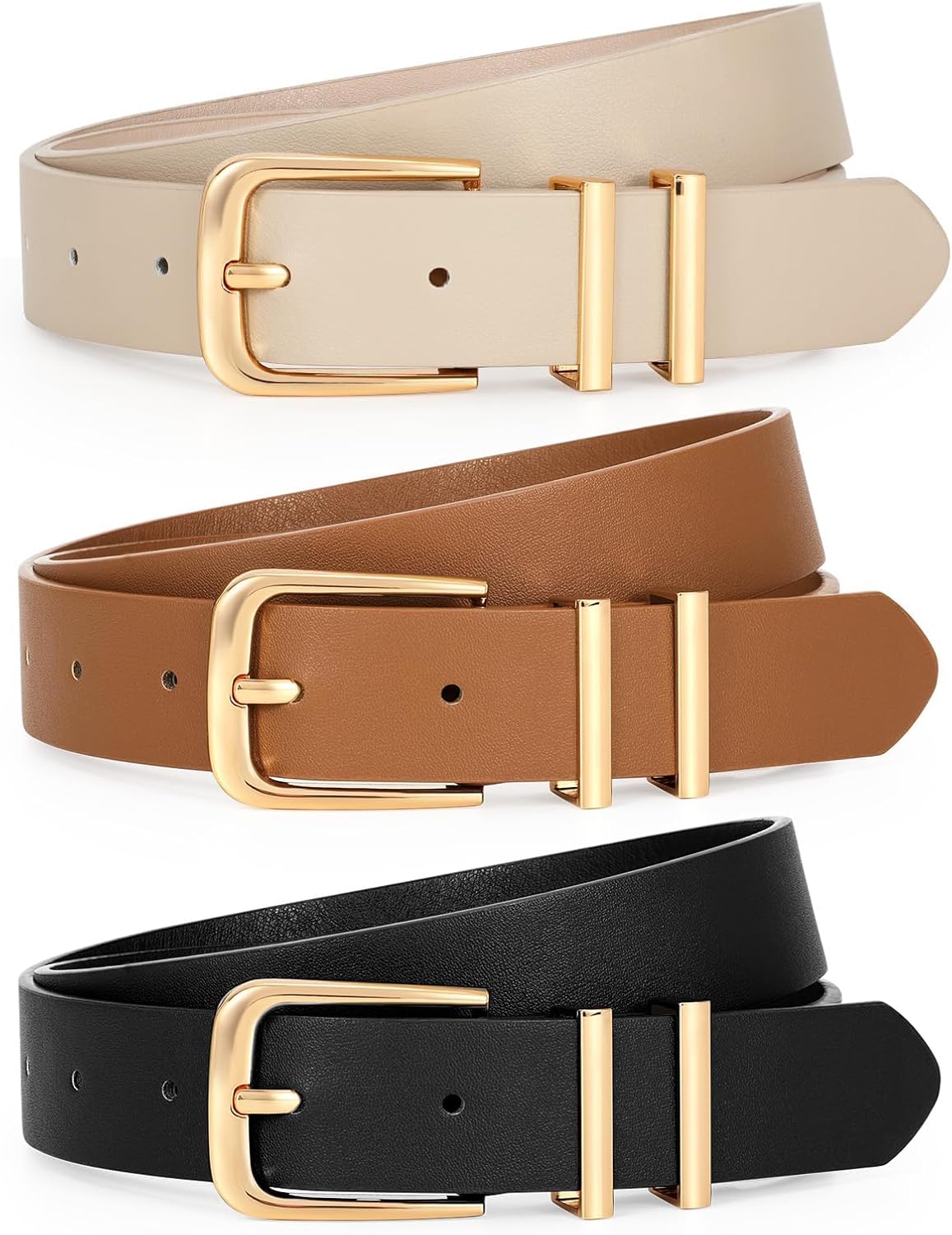 3 Pack Women's Leather Belts for Jeans Pants Dresses Fashion Ladies Gold/Sliver Buckle Leather Belts - Image 1