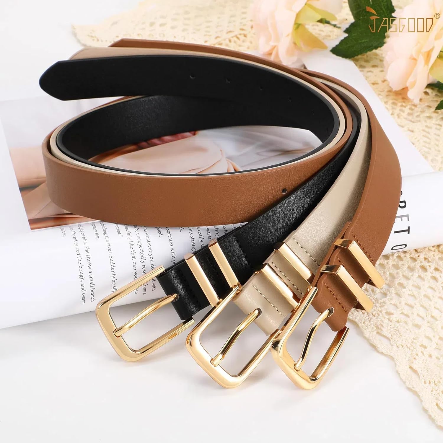 3 Pack Women's Leather Belts for Jeans Pants Dresses Fashion Ladies Gold/Sliver Buckle Leather Belts - Image 5