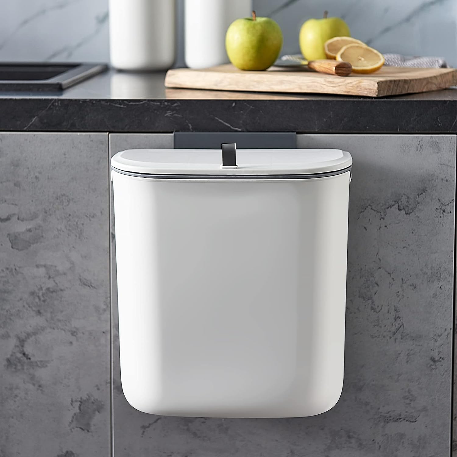 Compost Bin, 2.5 Gallon Hanging Trash Can with Lid, Kitchen Cabinet Door Under Sink Plastic Garbage Can Wall Mounted Slide Open, White - Image 1