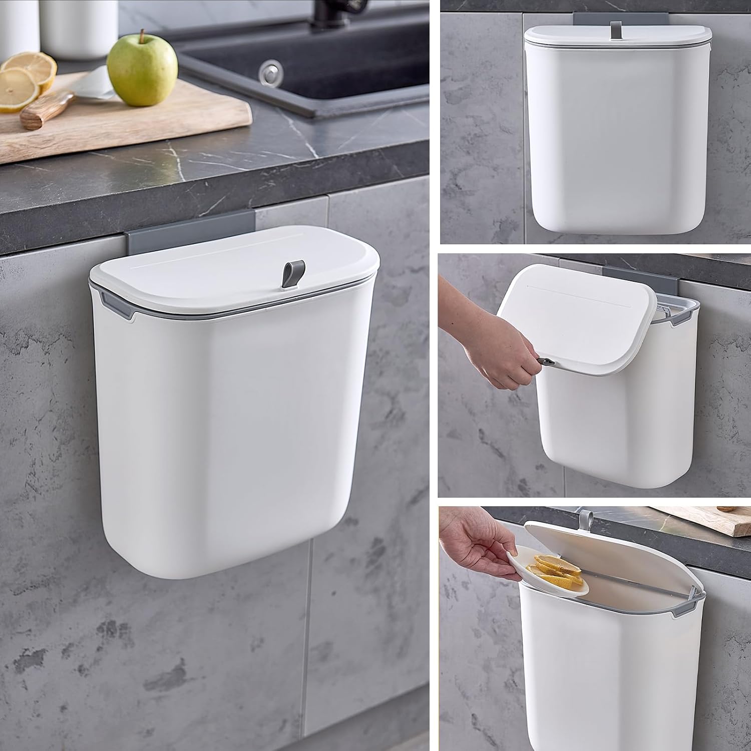 Compost Bin, 2.5 Gallon Hanging Trash Can with Lid, Kitchen Cabinet Door Under Sink Plastic Garbage Can Wall Mounted Slide Open, White - Image 2