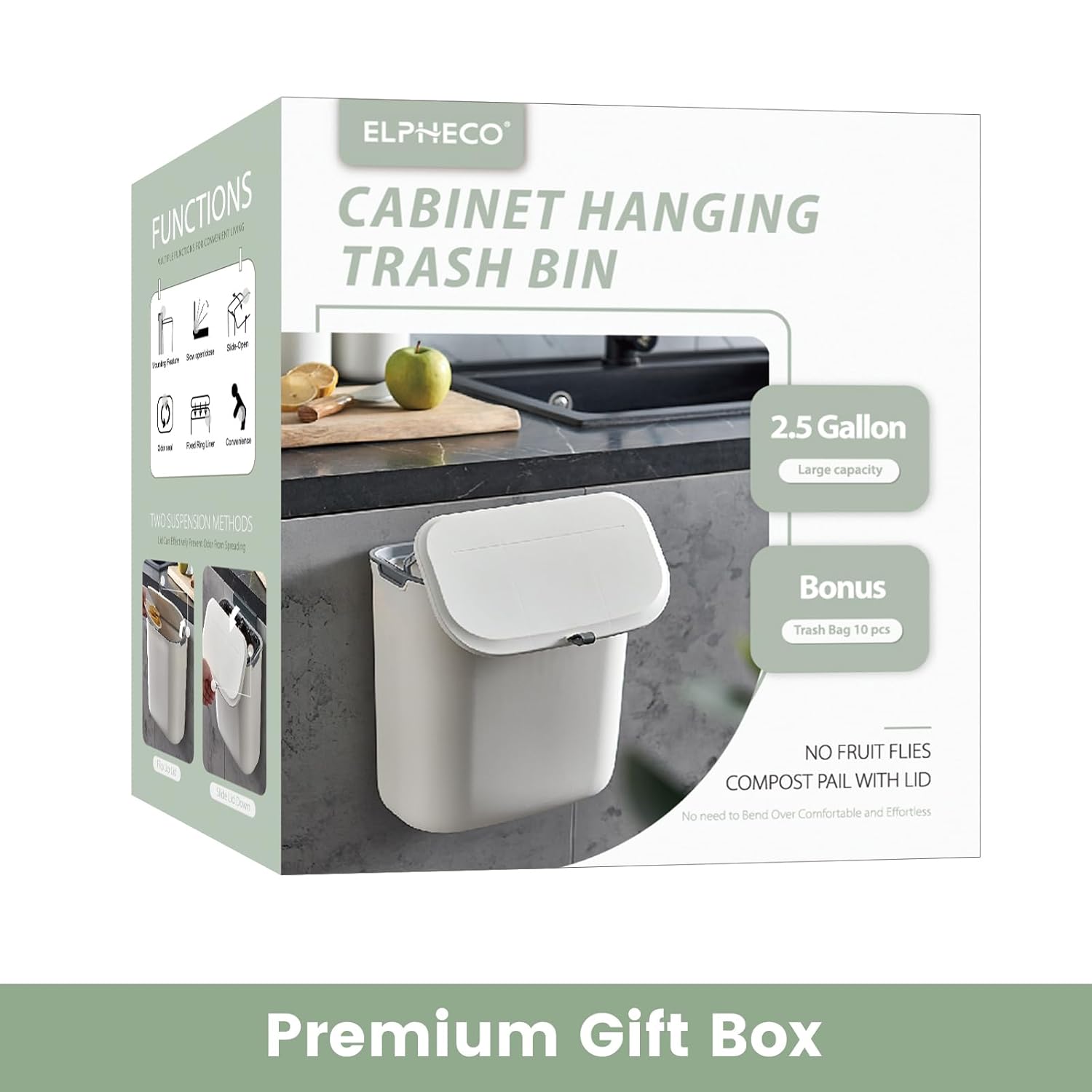 Compost Bin, 2.5 Gallon Hanging Trash Can with Lid, Kitchen Cabinet Door Under Sink Plastic Garbage Can Wall Mounted Slide Open, White - Image 3