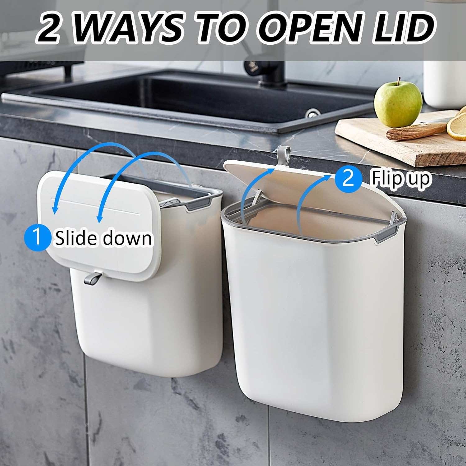 Compost Bin, 2.5 Gallon Hanging Trash Can with Lid, Kitchen Cabinet Door Under Sink Plastic Garbage Can Wall Mounted Slide Open, White - Image 6