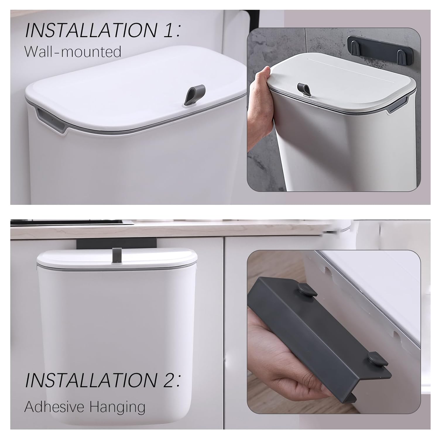 Compost Bin, 2.5 Gallon Hanging Trash Can with Lid, Kitchen Cabinet Door Under Sink Plastic Garbage Can Wall Mounted Slide Open, White - Image 7