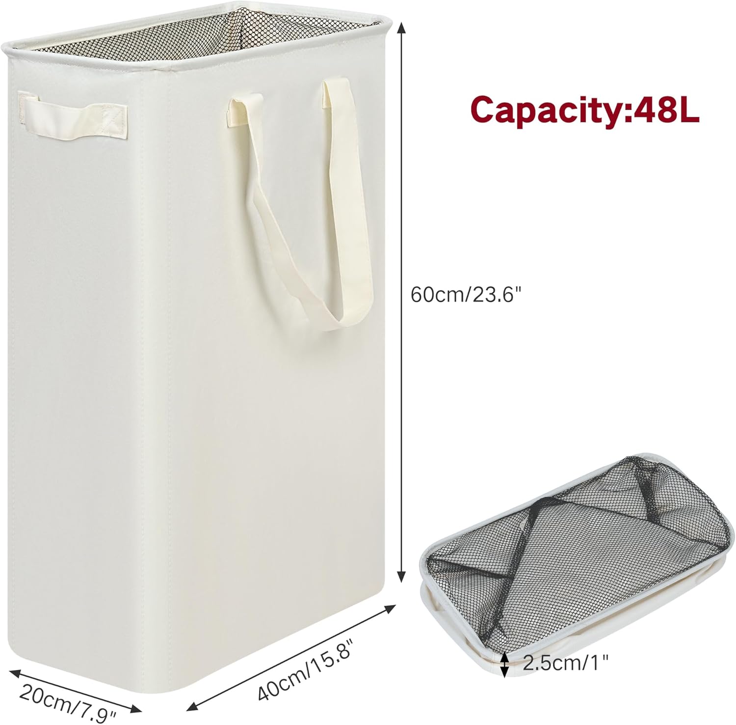 Slim Laundry Hamper with Handles, Collapsible Small Hamper for Laundry, Dirty Clothes Basket for Bedroom, Dorm and Laundry Room, 48L (12.7 Gallon) Beige - Image 3