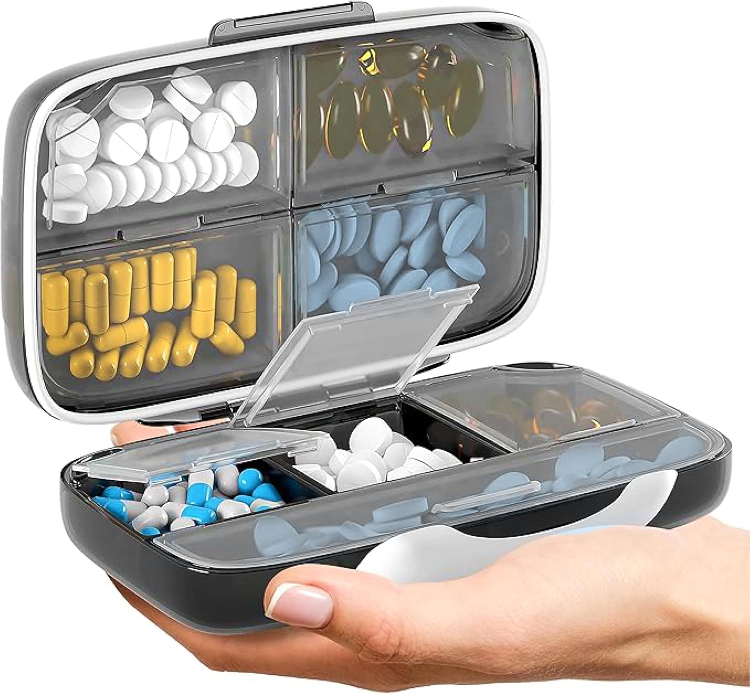 Travel Pill Organizer - Airtight Medicine Case for Traveling Portable Pharmacy Box with Labels Vitamin Container 8 Compartment Supplement Medication Holder Large Capacity Daily Essentials Storage Black - Image 1
