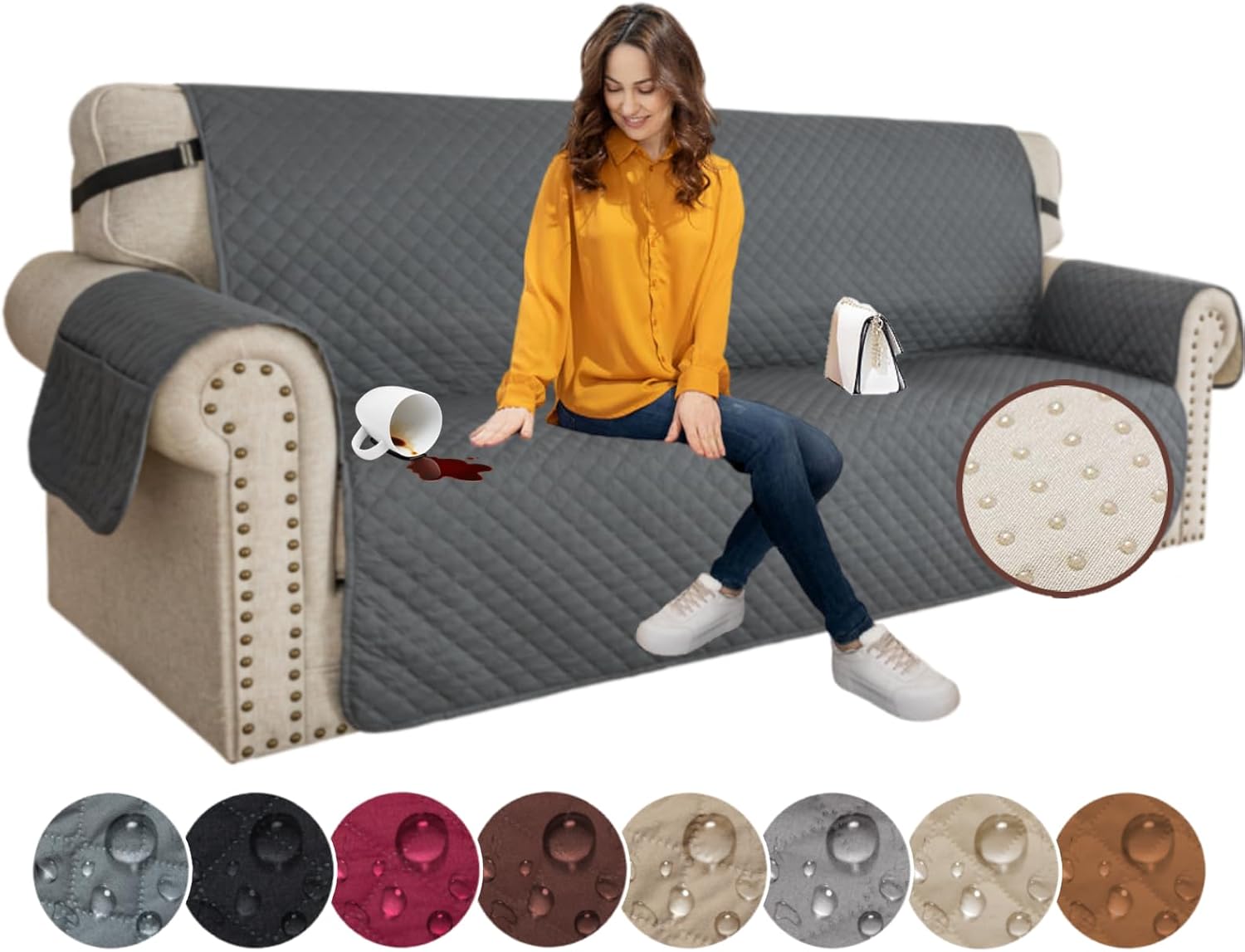 Couch Covers for 3 Cushion with Pockets and Non Slip Straps Water Resistant Sofa Slipcovers for Living Room Soft Thick Furniture Protector for Pets Dogs Kids (Large, Dark Gray) - Image 1