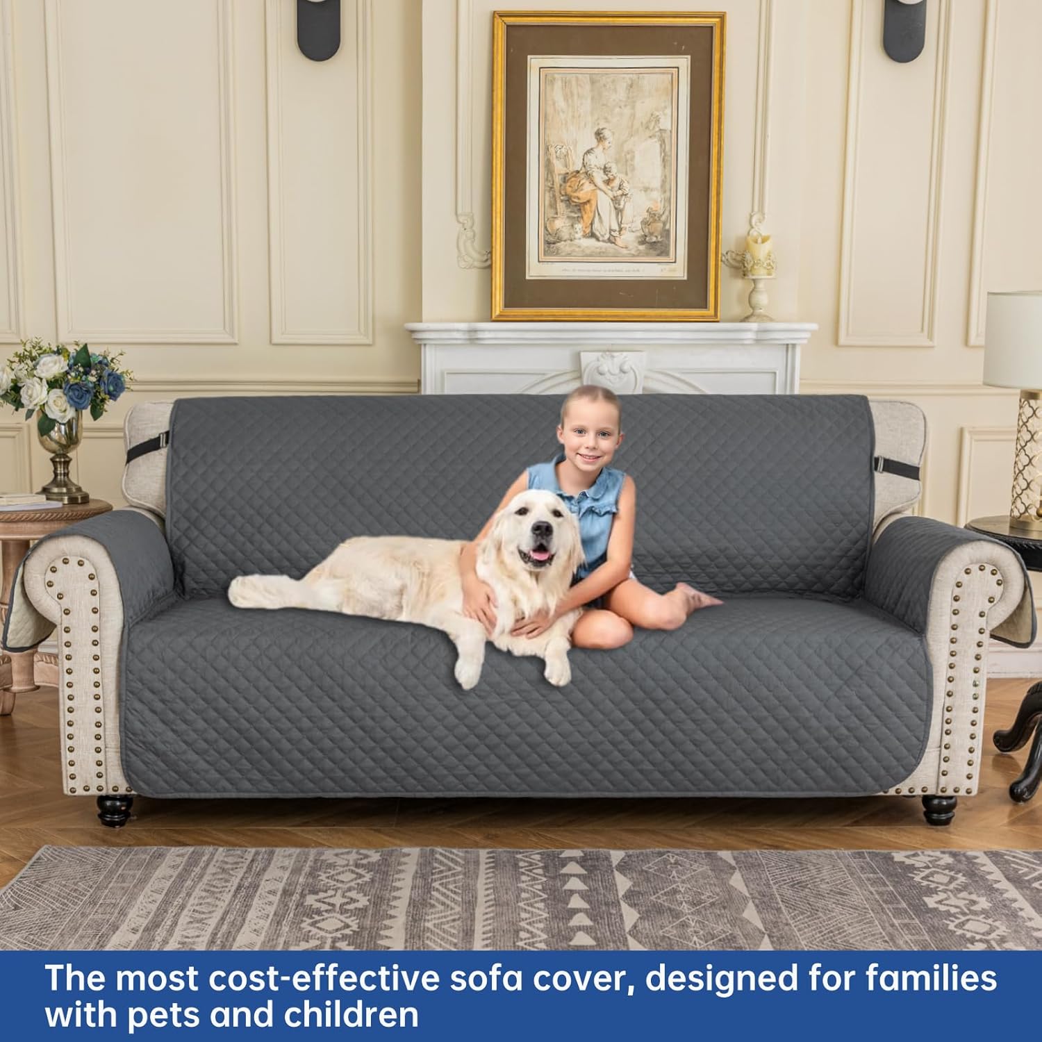 Couch Covers for 3 Cushion with Pockets and Non Slip Straps Water Resistant Sofa Slipcovers for Living Room Soft Thick Furniture Protector for Pets Dogs Kids (Large, Dark Gray) - Image 2