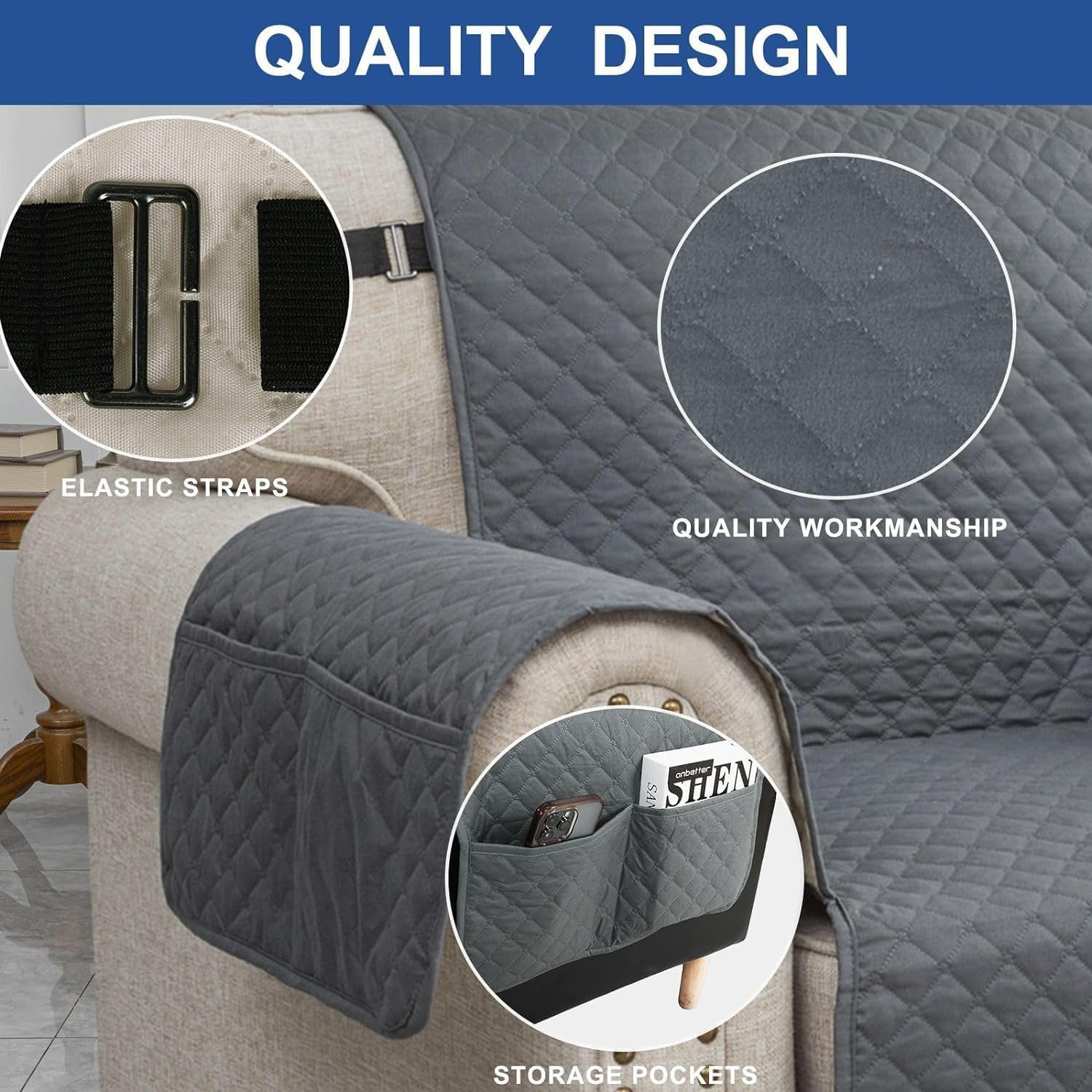 Couch Covers for 3 Cushion with Pockets and Non Slip Straps Water Resistant Sofa Slipcovers for Living Room Soft Thick Furniture Protector for Pets Dogs Kids (Large, Dark Gray) - Image 3
