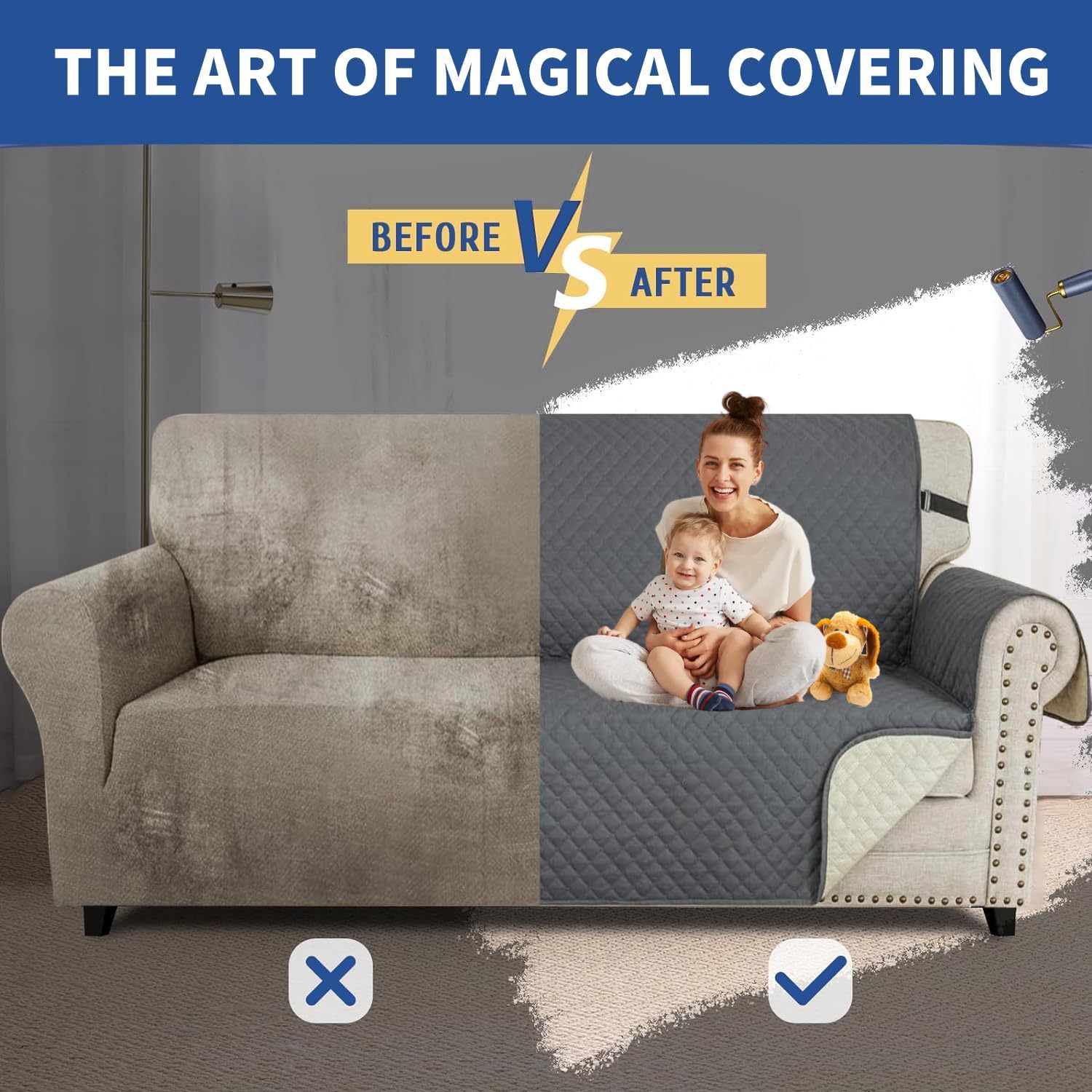 Couch Covers for 3 Cushion with Pockets and Non Slip Straps Water Resistant Sofa Slipcovers for Living Room Soft Thick Furniture Protector for Pets Dogs Kids (Large, Dark Gray) - Image 7
