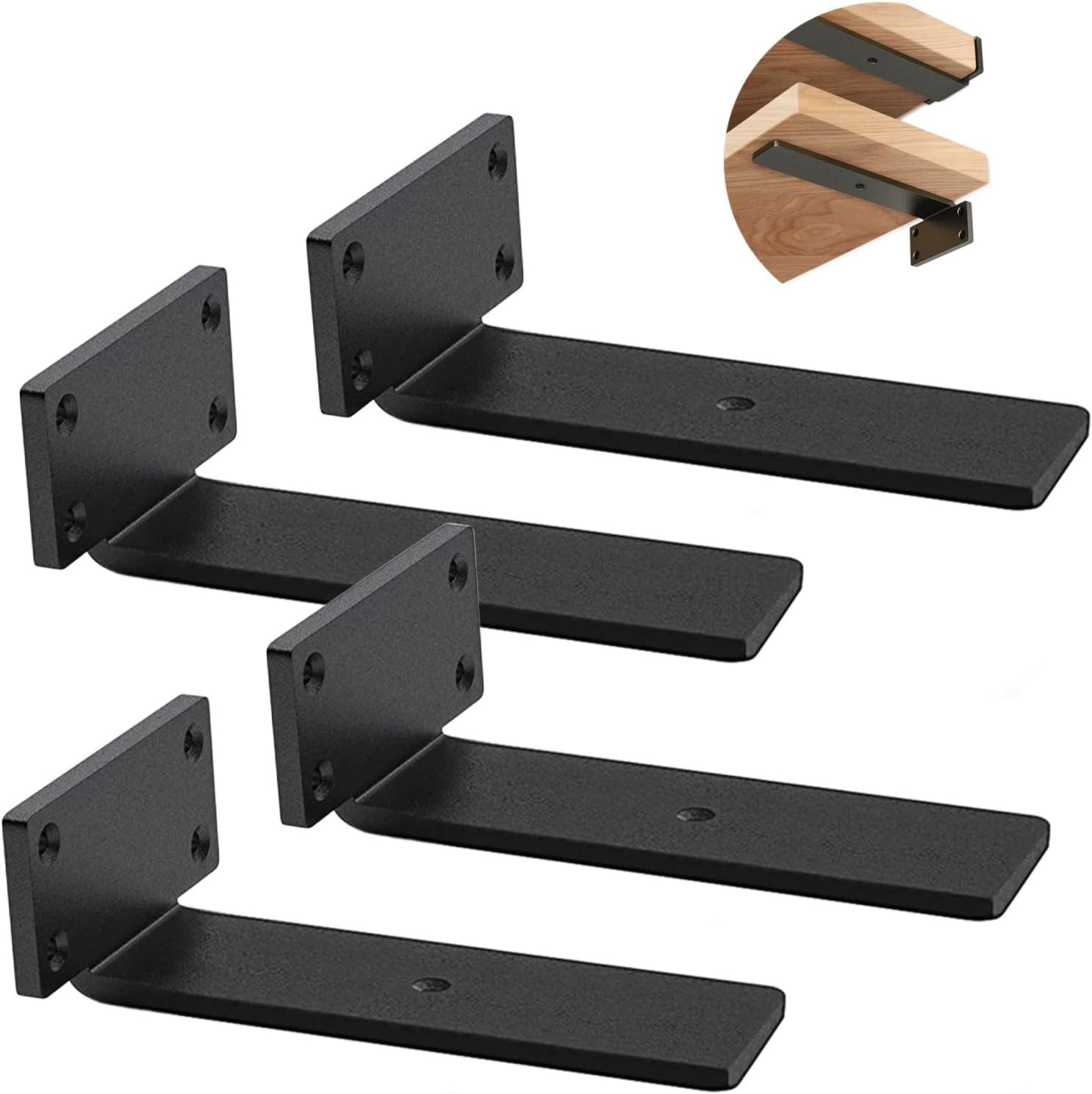 Heavy Duty Floating Shelf Brackets - 1/5 Inch Thick Industrial Black Metal L Brackets, Premium Solid Steel Shelf Supports for Shelves - 5 Inch Heavy Floating Shelves Hardware (4Pcs) - Image 1
