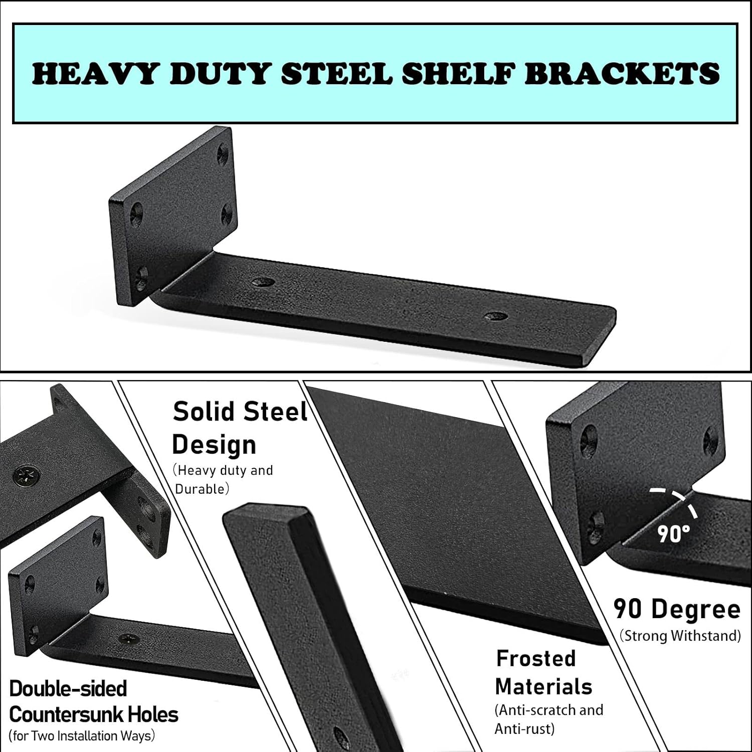 Heavy Duty Floating Shelf Brackets - 1/5 Inch Thick Industrial Black Metal L Brackets, Premium Solid Steel Shelf Supports for Shelves - 5 Inch Heavy Floating Shelves Hardware (4Pcs) - Image 4