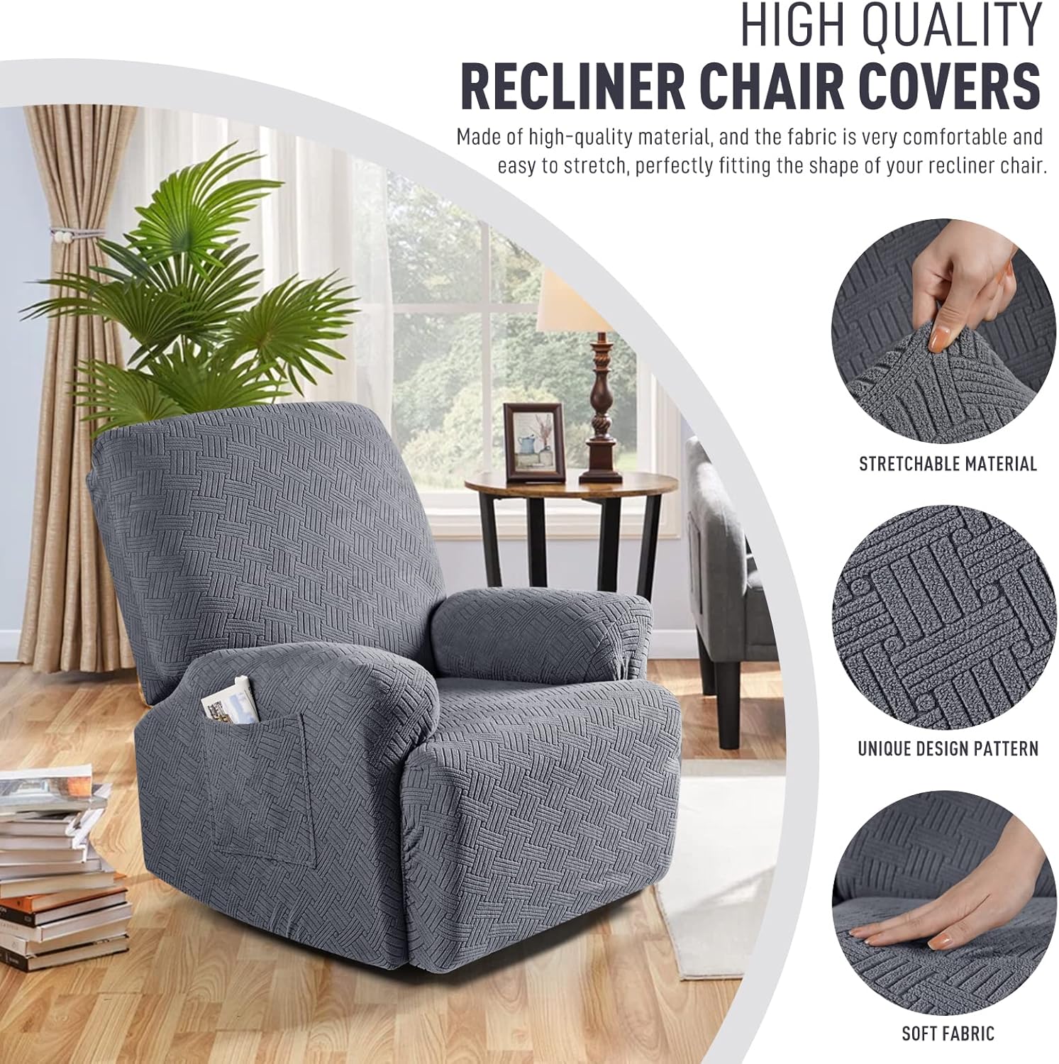 Recliner Covers, Stretch Reclining Chair Covers, Recliner Sofa Slipcovers Stripe Jacquard Recliner Couch Covers Furniture Protector Covers for Pet Kid (1 Seater, Dark Gray) - Image 2