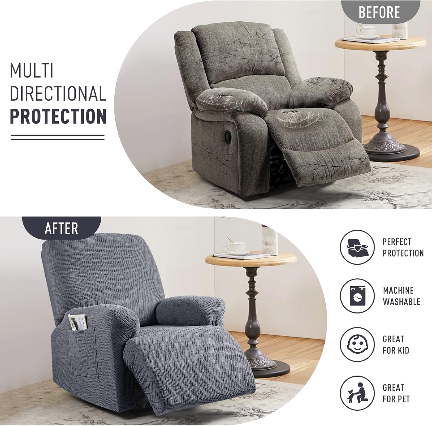 Recliner Covers, Stretch Reclining Chair Covers, Recliner Sofa Slipcovers Stripe Jacquard Recliner Couch Covers Furniture Protector Covers for Pet Kid (1 Seater, Dark Gray) - Image 3